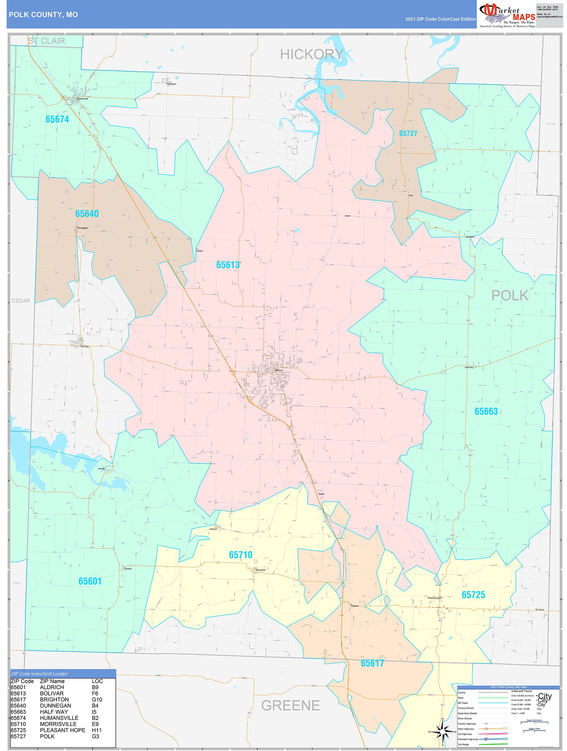 Polk County, MO Wall Map Color Cast Style by MarketMAPS
