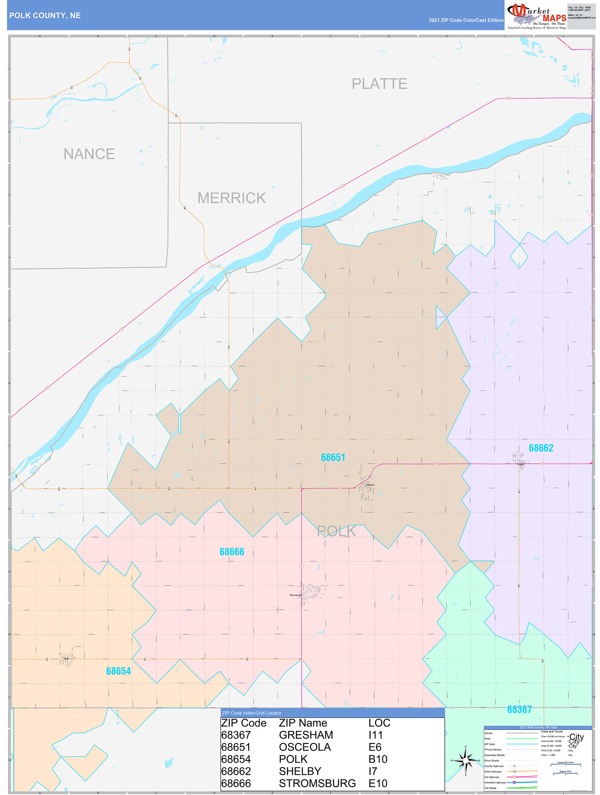 Polk County, NE Wall Map Color Cast Style by MarketMAPS