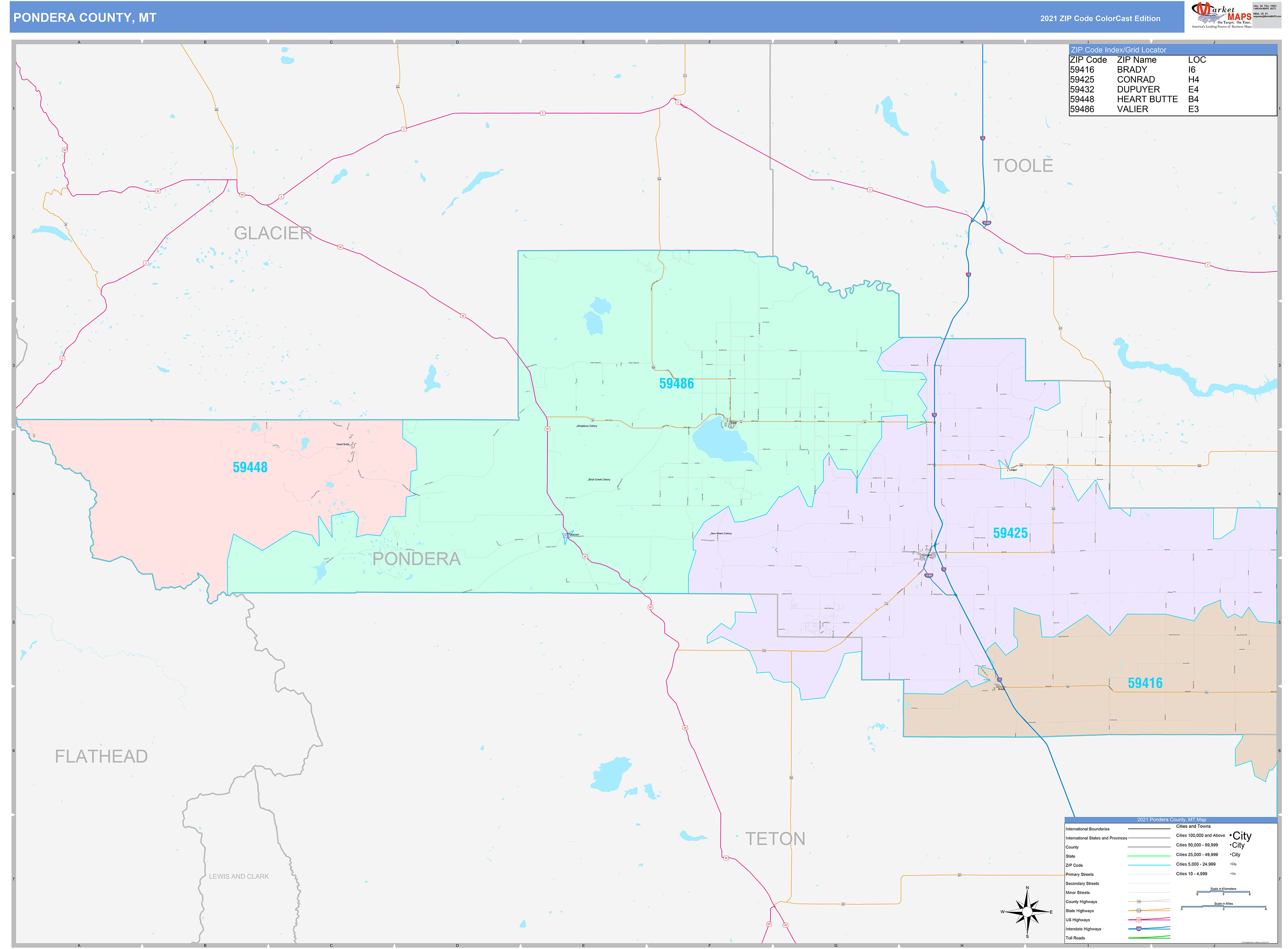 Pondera County, MT Wall Map Color Cast Style by MarketMAPS