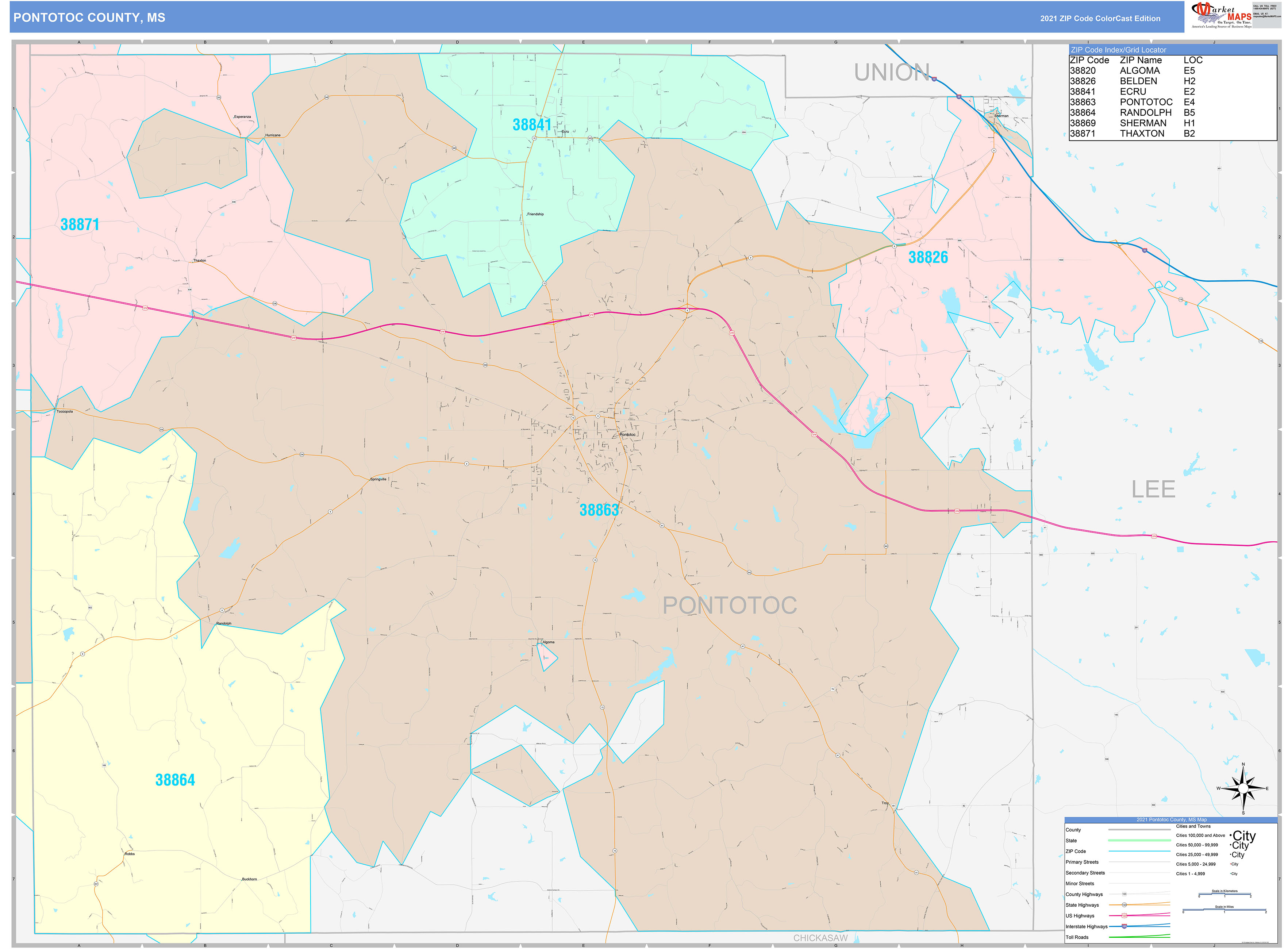 Pontotoc County, MS Wall Map Color Cast Style by MarketMAPS