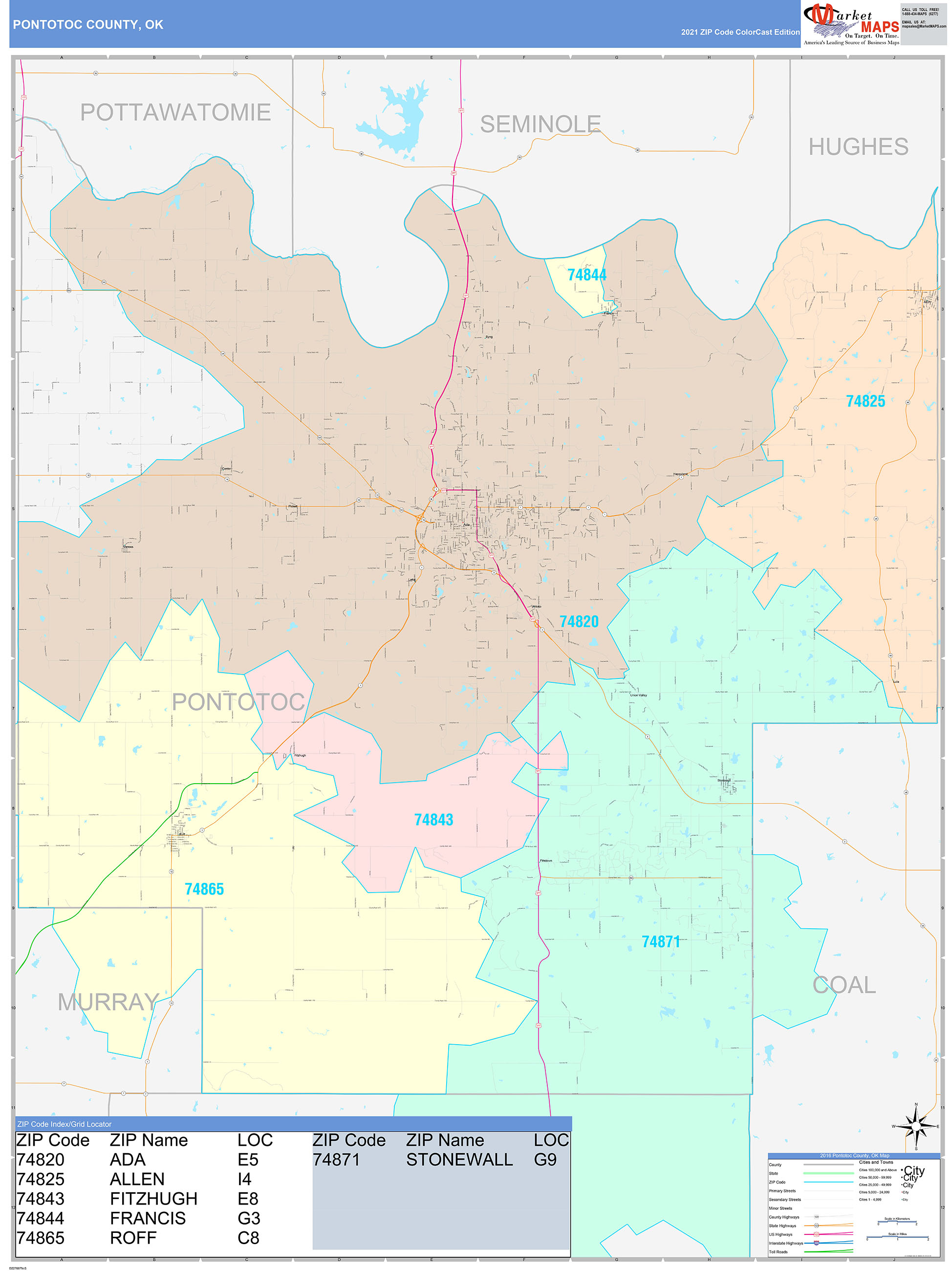 Pontotoc County, OK Wall Map Color Cast Style by MarketMAPS