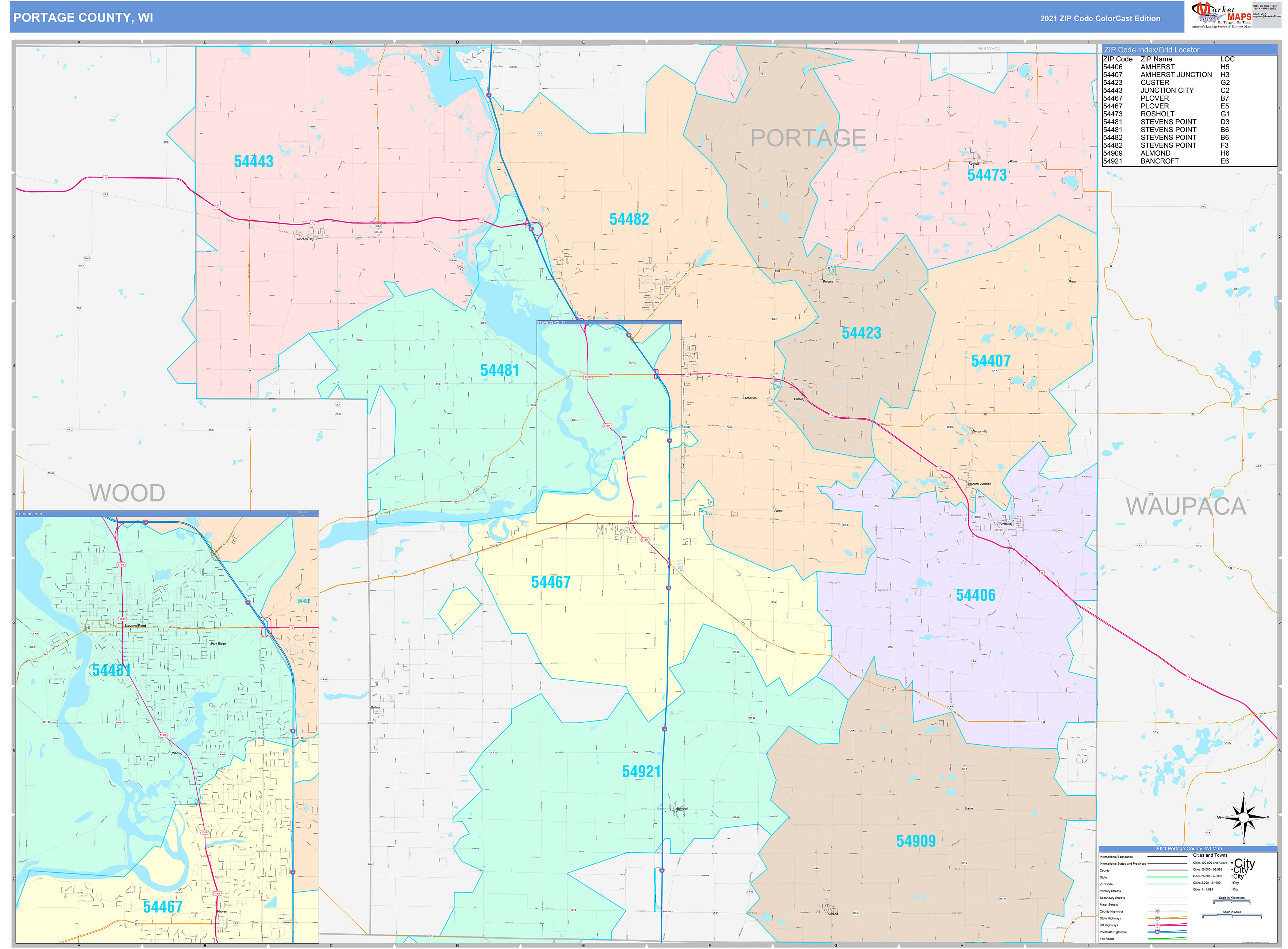 Portage County, WI Wall Map Color Cast Style by MarketMAPS