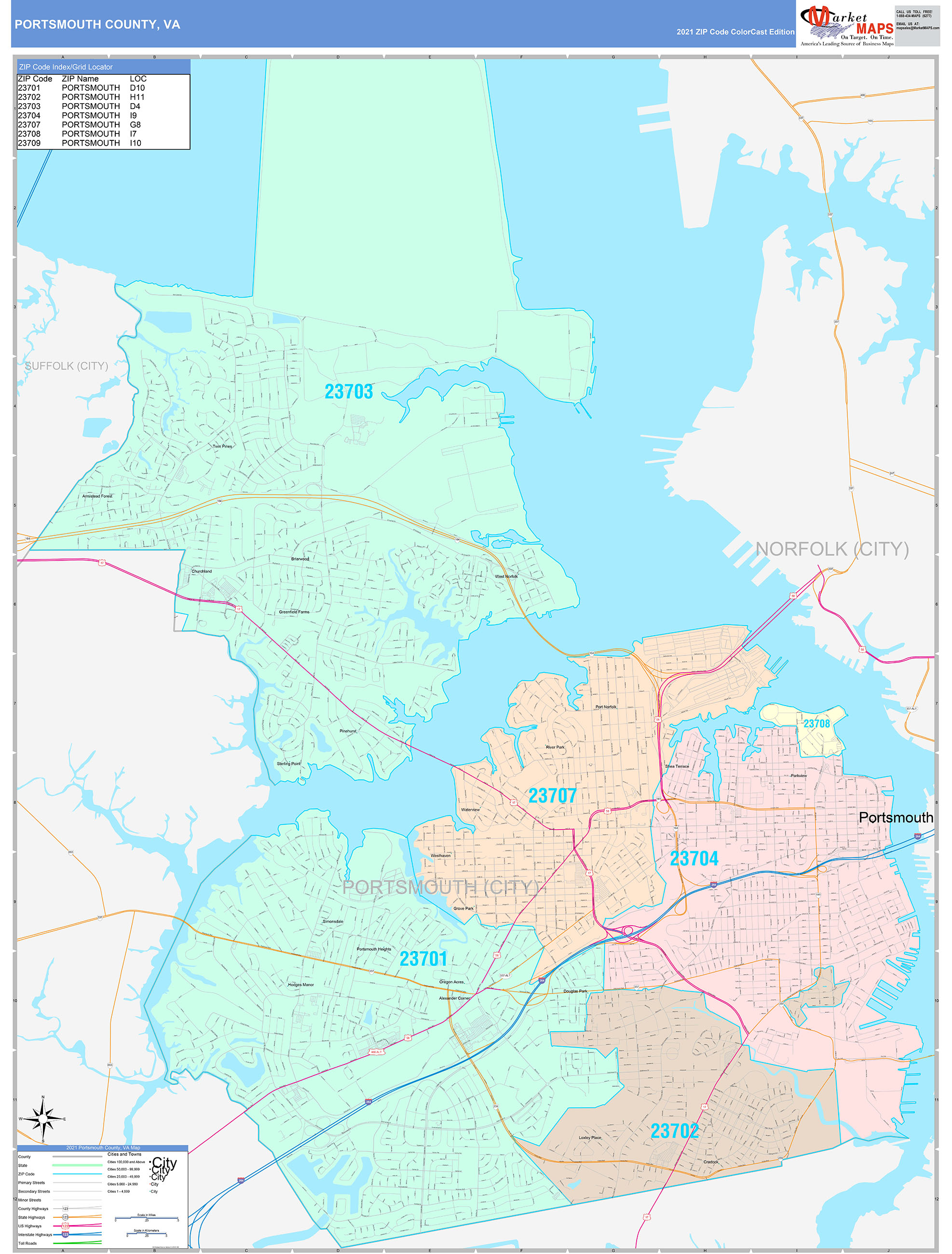 Portsmouth County, VA Wall Map Color Cast Style by MarketMAPS
