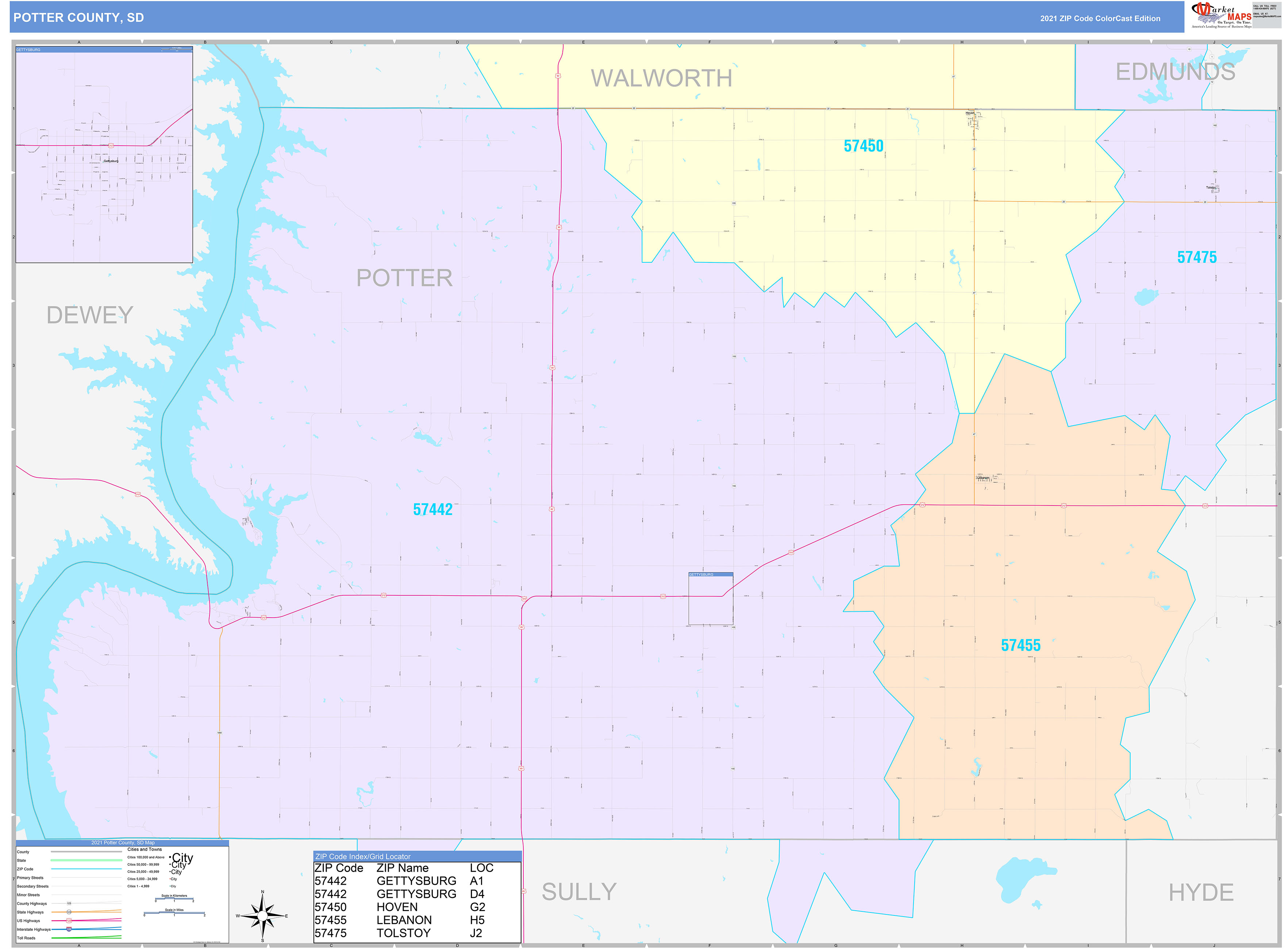 Potter County, SD Wall Map Color Cast Style by MarketMAPS