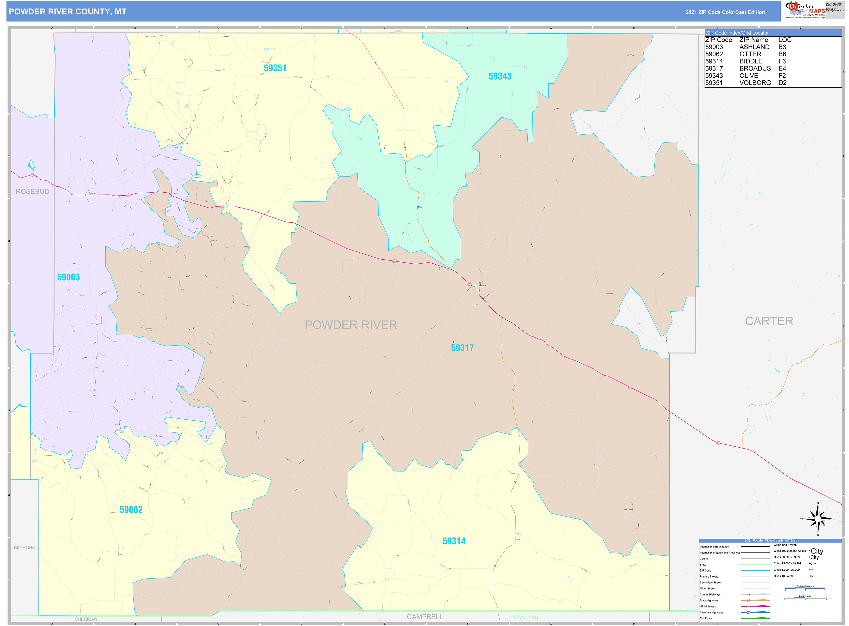 Powder River County, MT Wall Map Color Cast Style by MarketMAPS