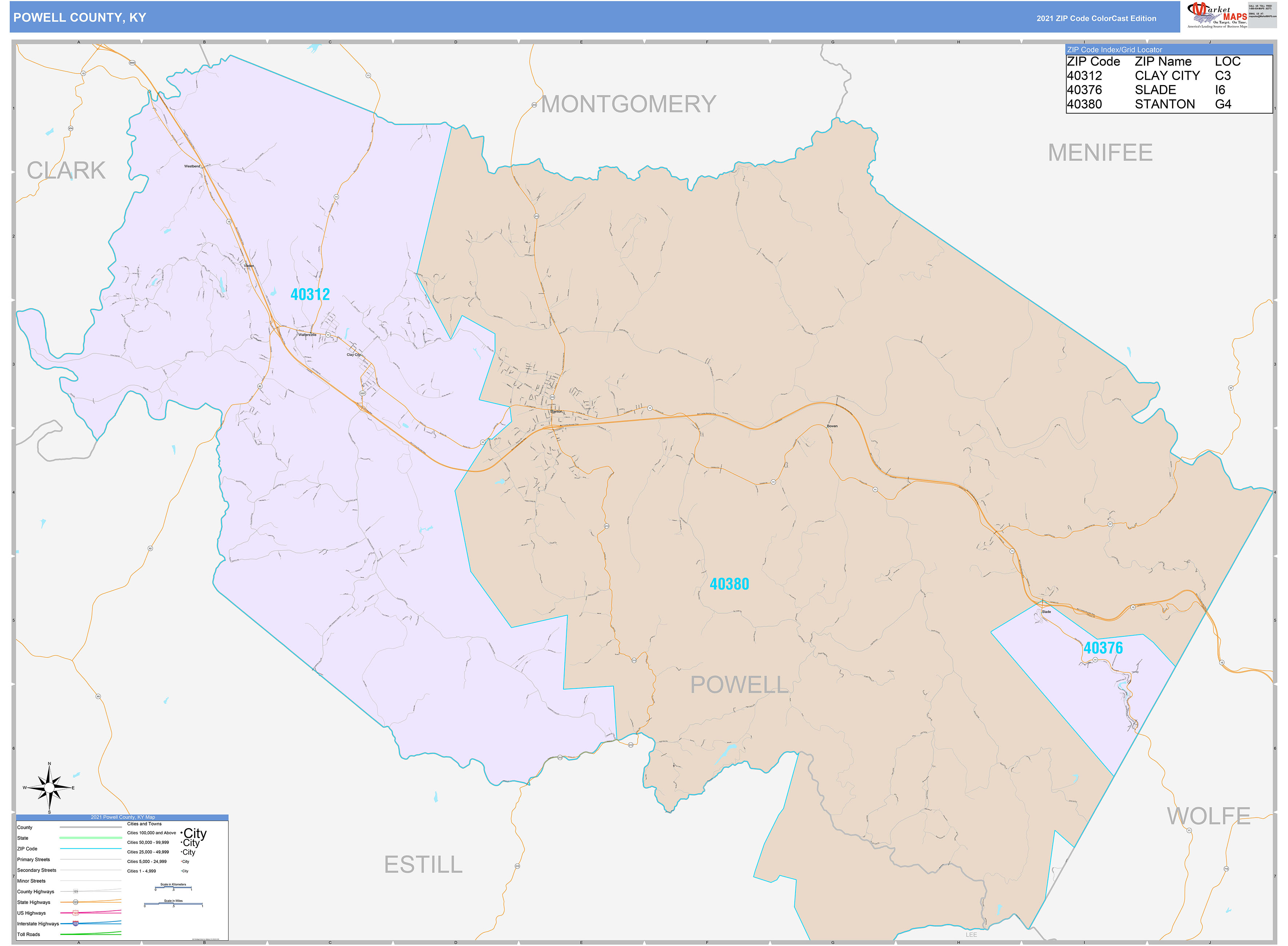Powell County, KY Wall Map Color Cast Style by MarketMAPS