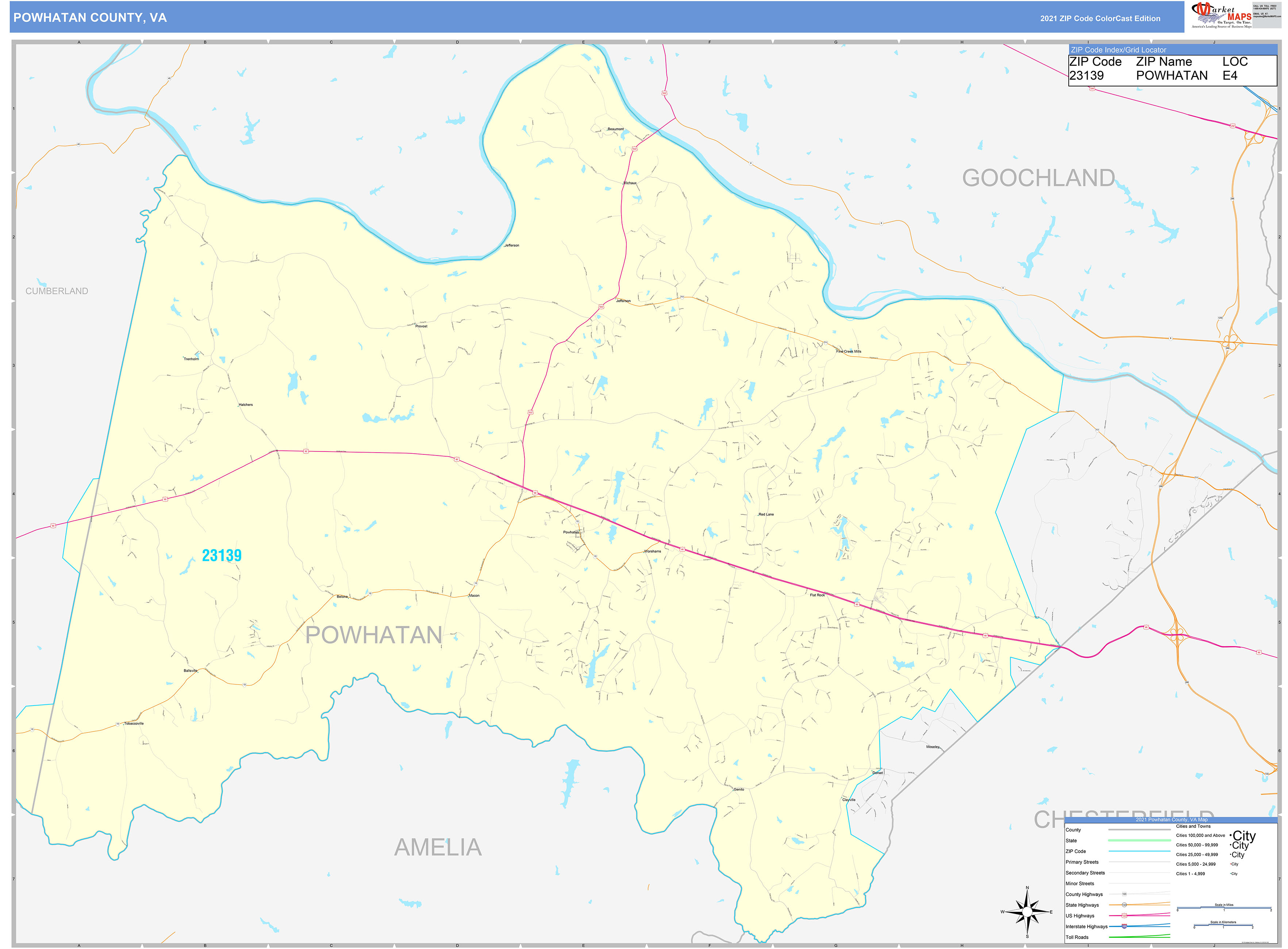 Powhatan County, VA Wall Map Color Cast Style by MarketMAPS MapSales