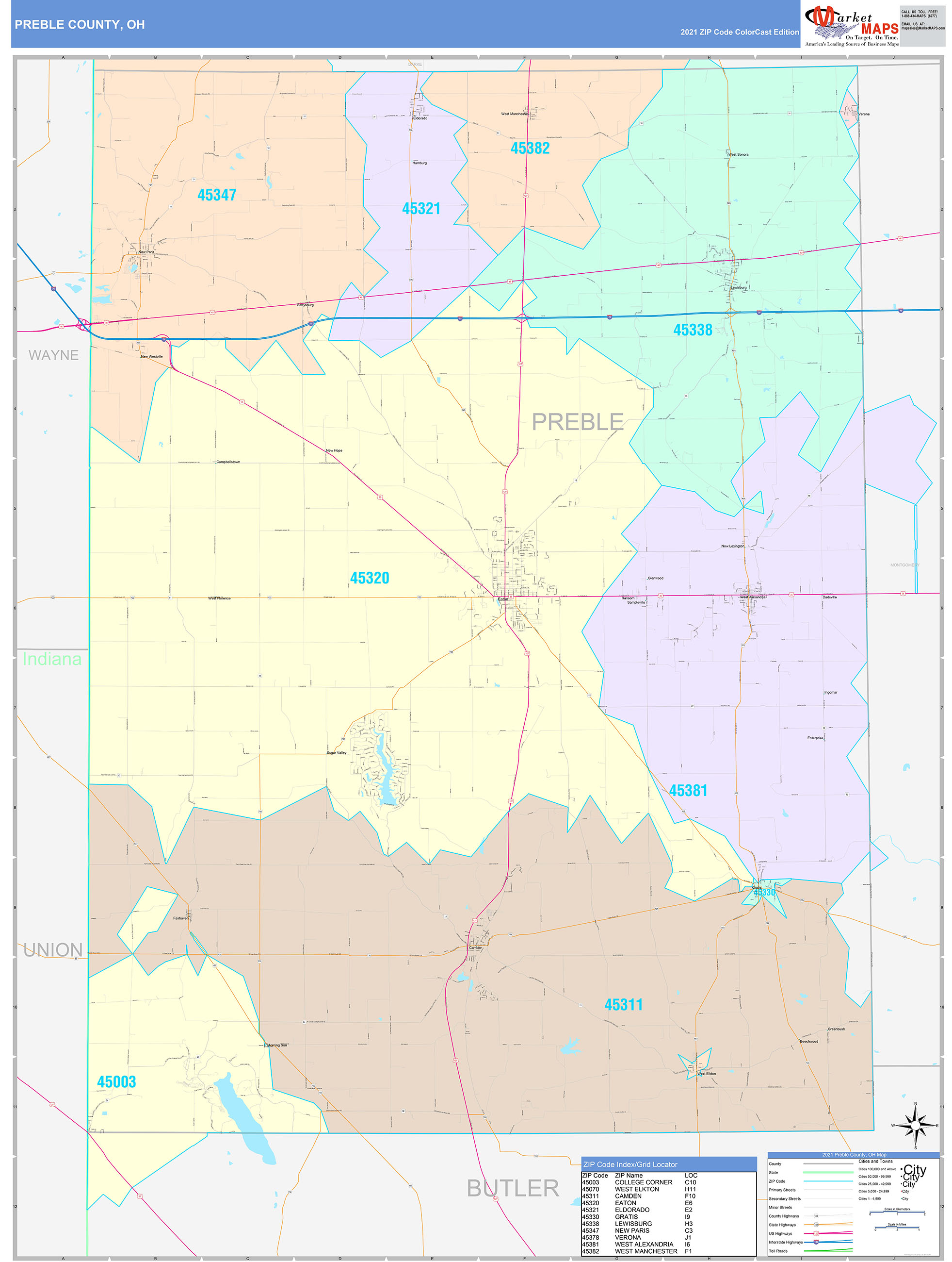 Preble County, OH Wall Map Color Cast Style by MarketMAPS