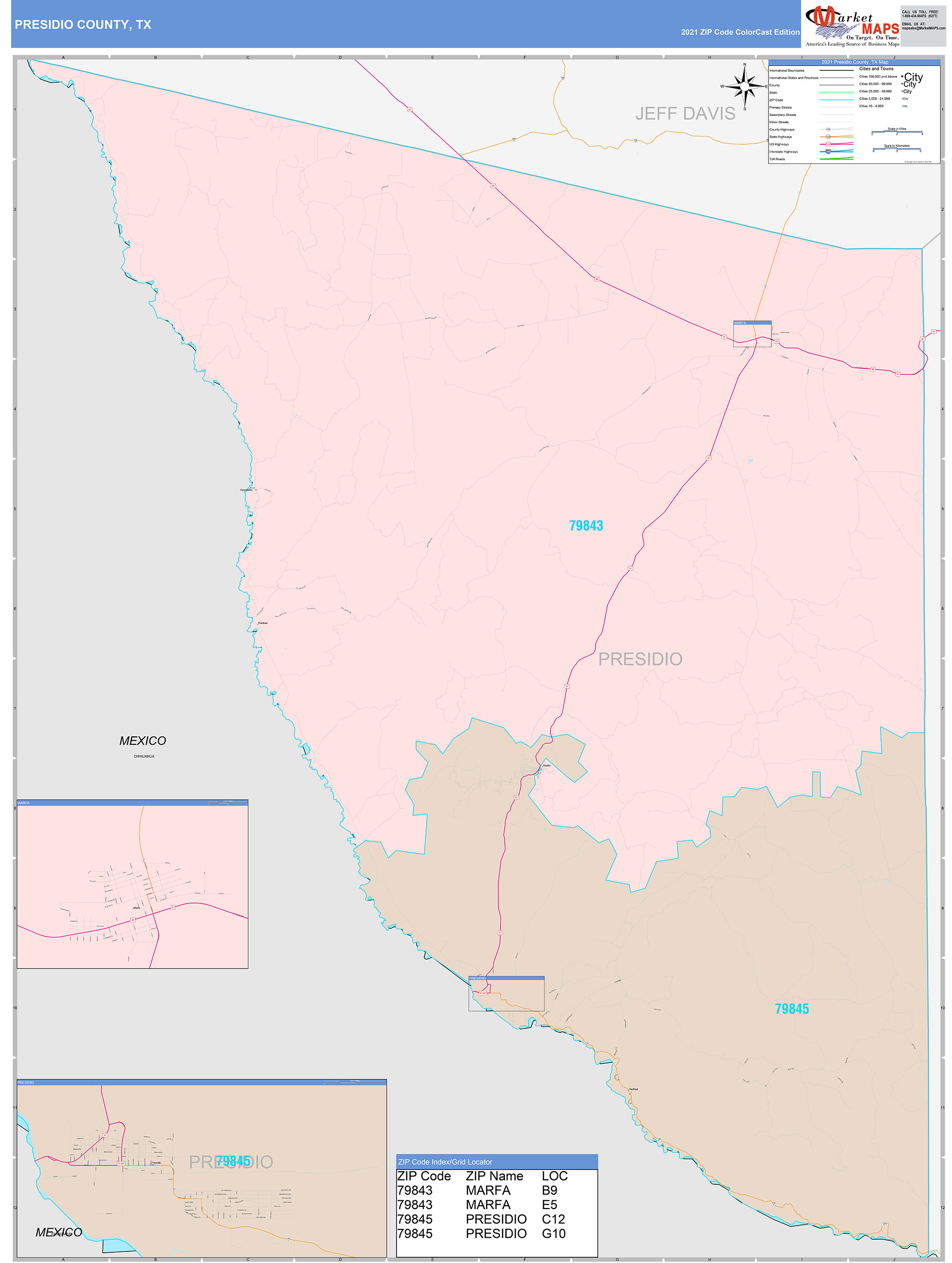 Presidio County, TX Wall Map Color Cast Style by MarketMAPS