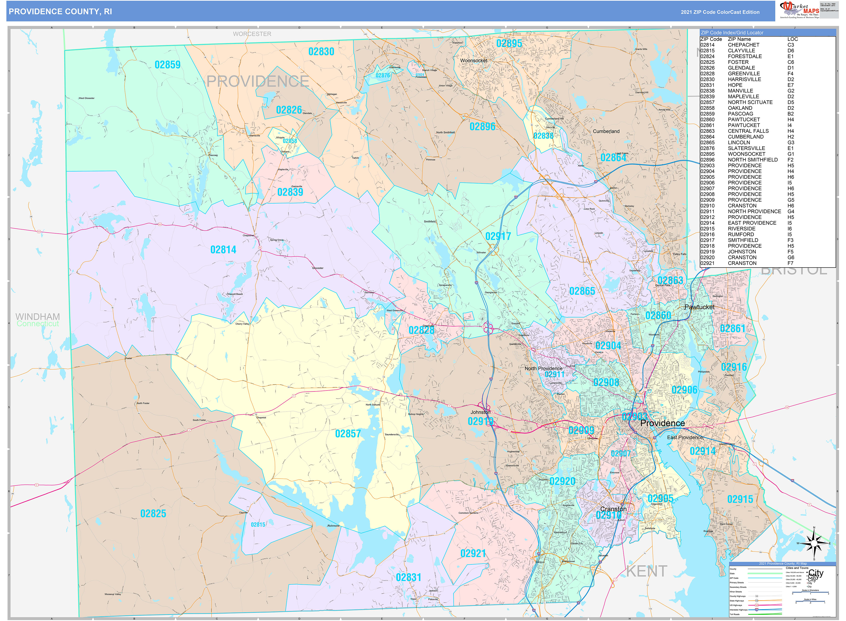 Providence County, RI Wall Map Color Cast Style by MarketMAPS