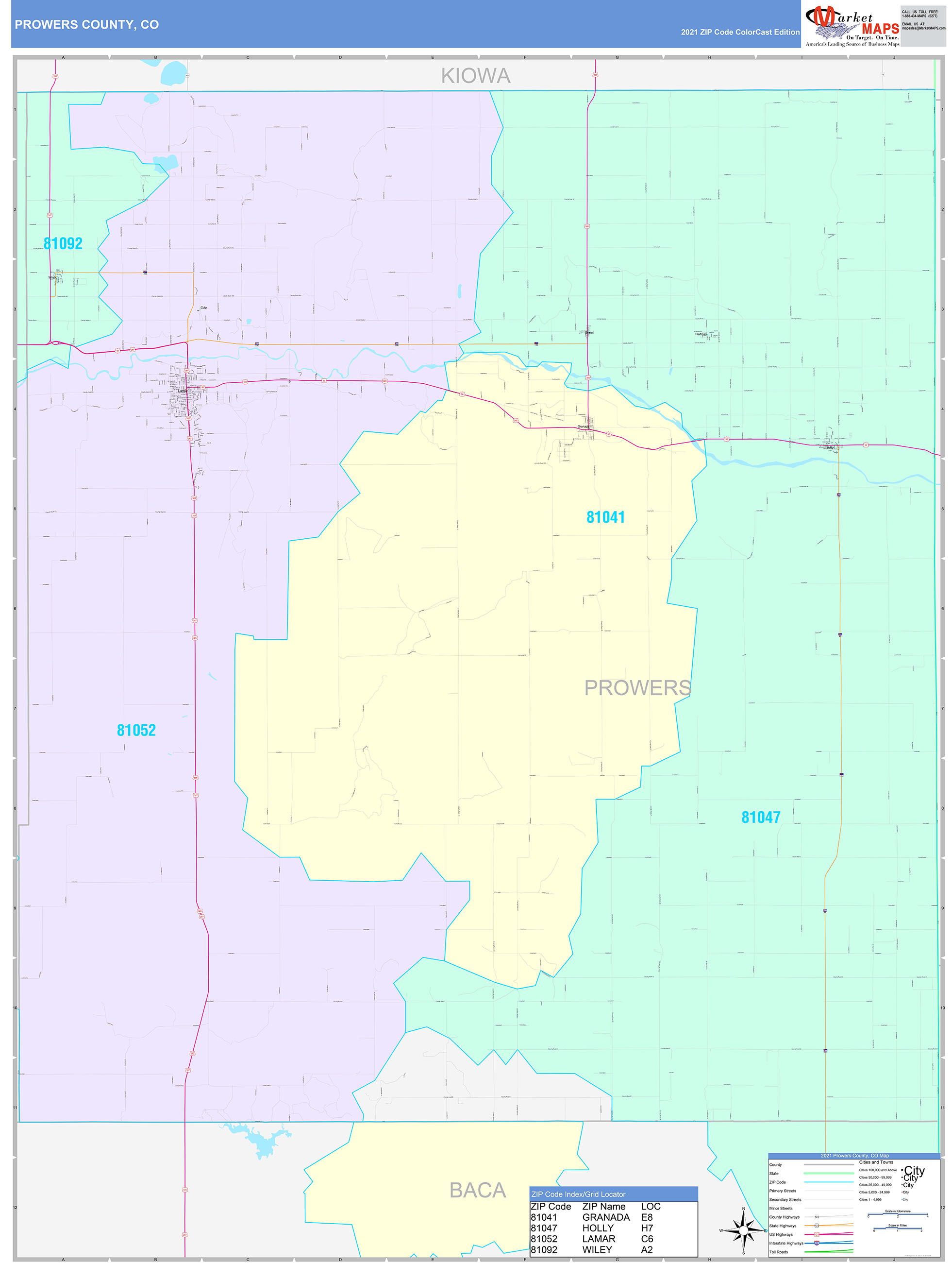Prowers County, CO Wall Map Color Cast Style by MarketMAPS