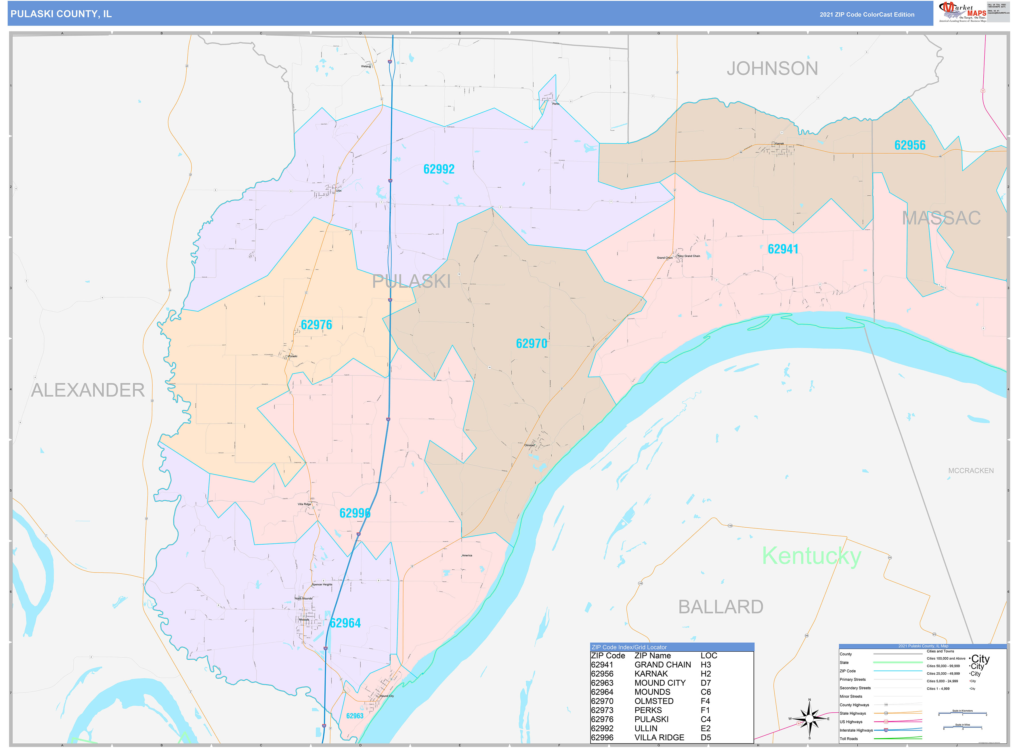 Pulaski County, IL Wall Map Color Cast Style by MarketMAPS