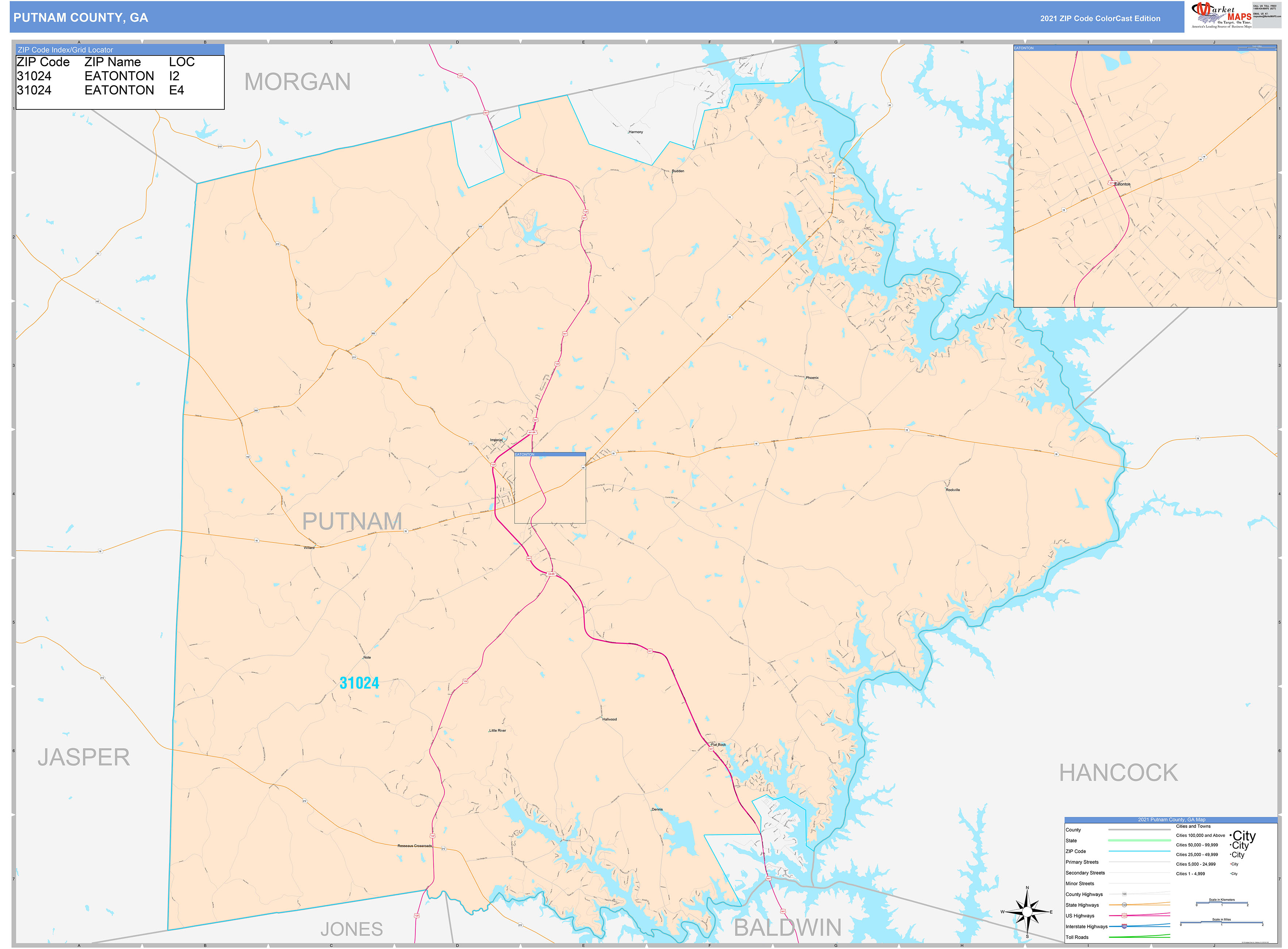 Putnam County, GA Wall Map Color Cast Style by MarketMAPS MapSales