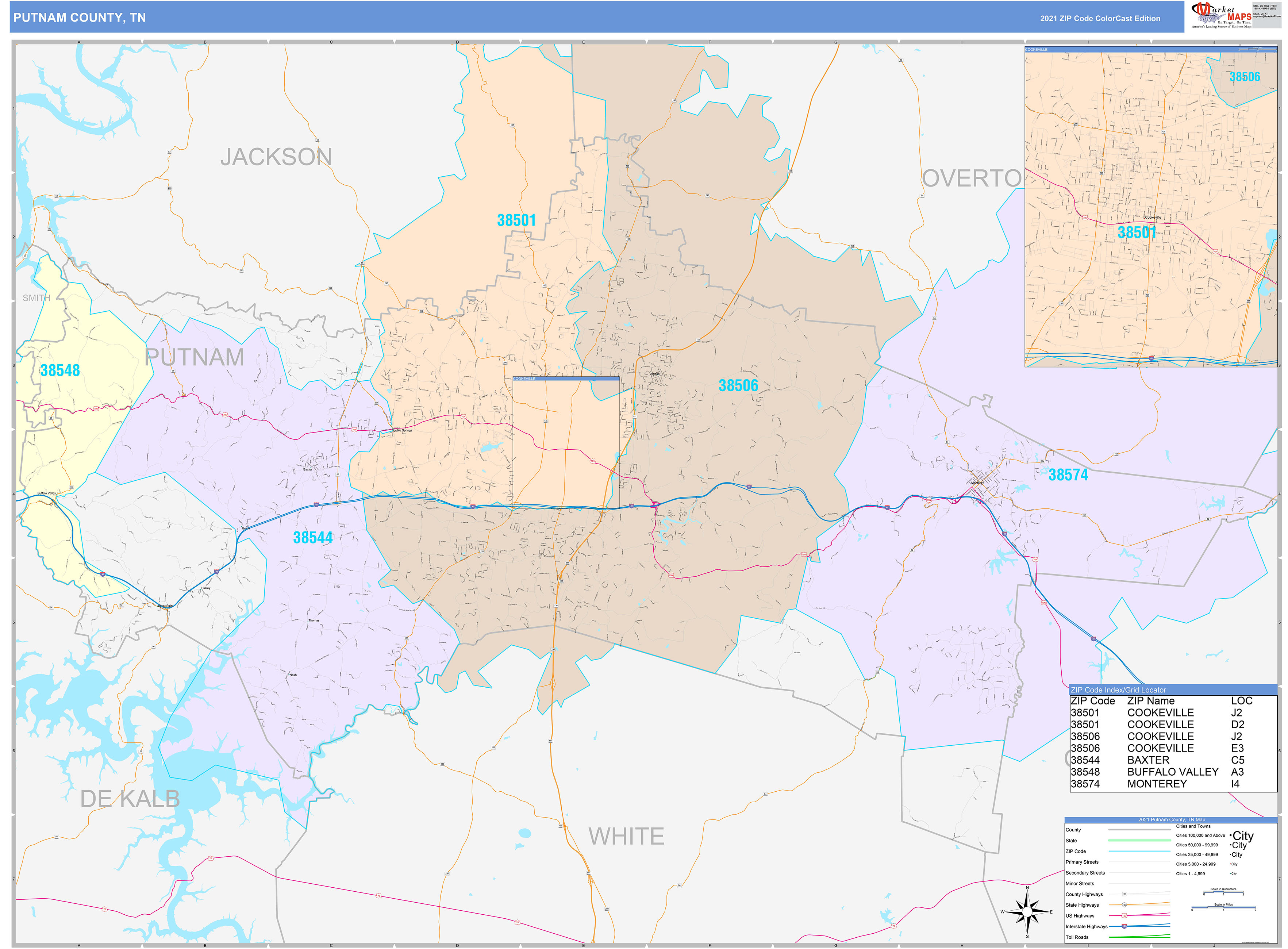 Putnam County, TN Wall Map Color Cast Style by MarketMAPS MapSales