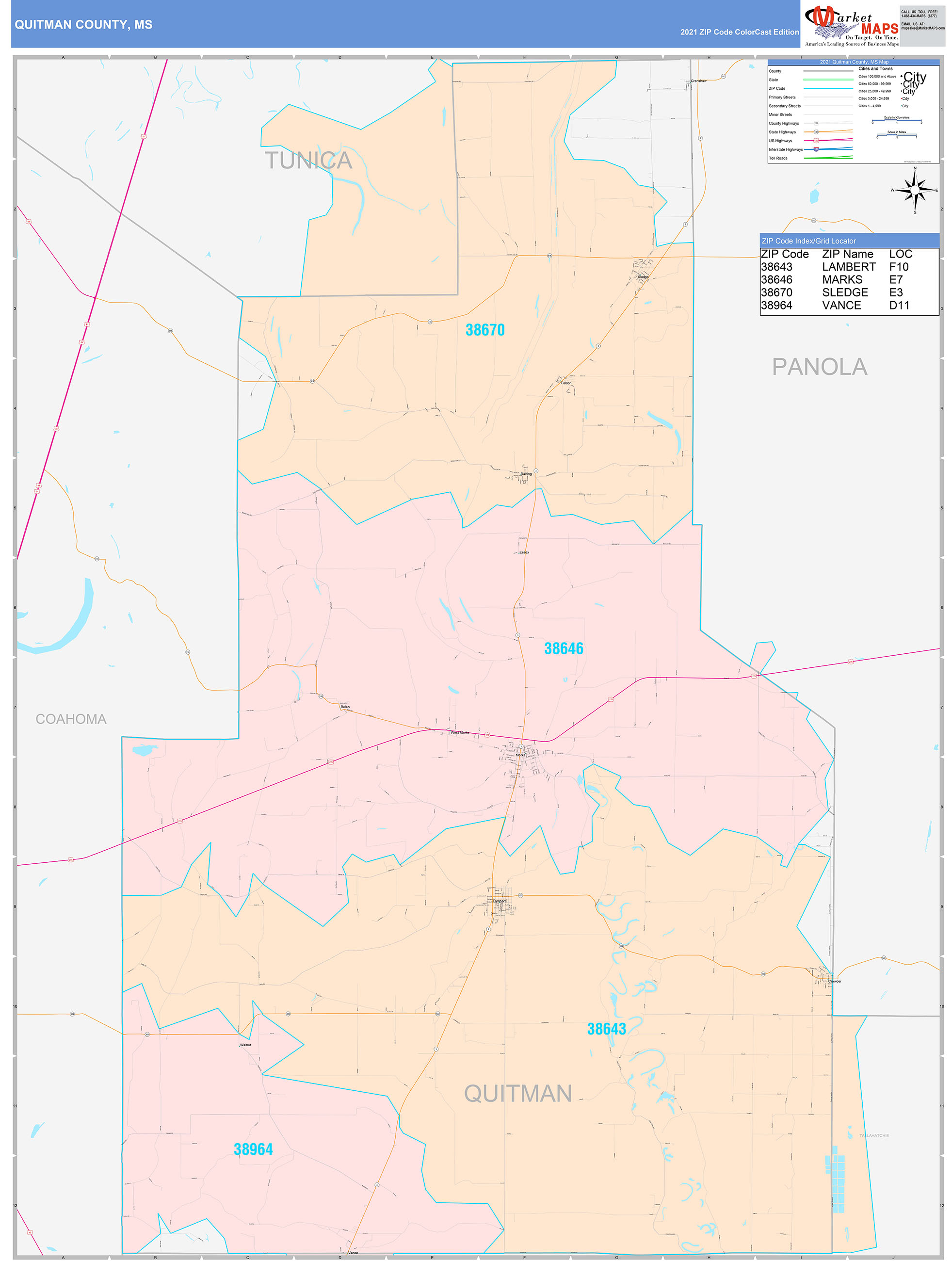 Quitman County, MS Wall Map Color Cast Style by MarketMAPS