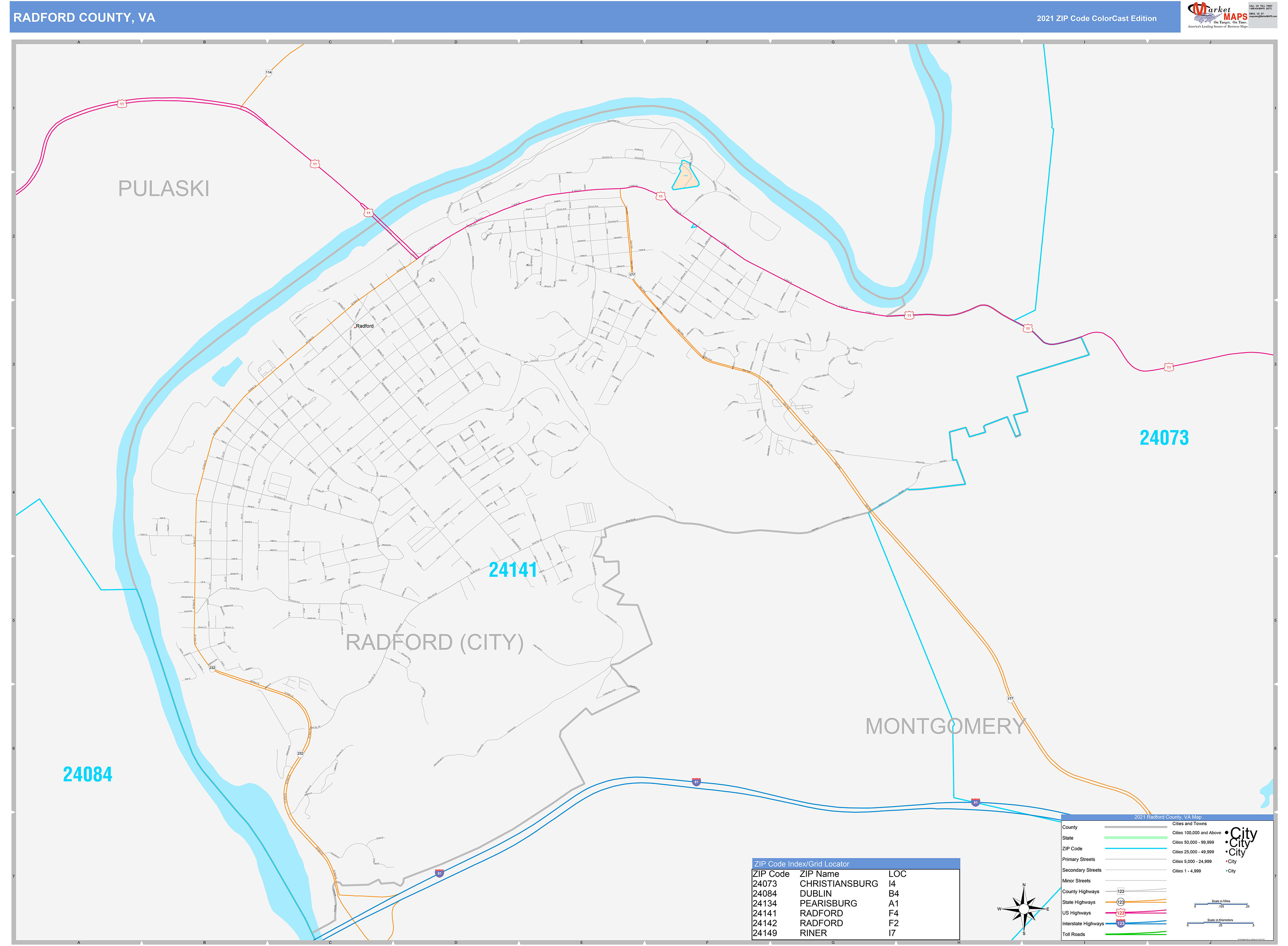 Radford County, VA Wall Map Color Cast Style by MarketMAPS