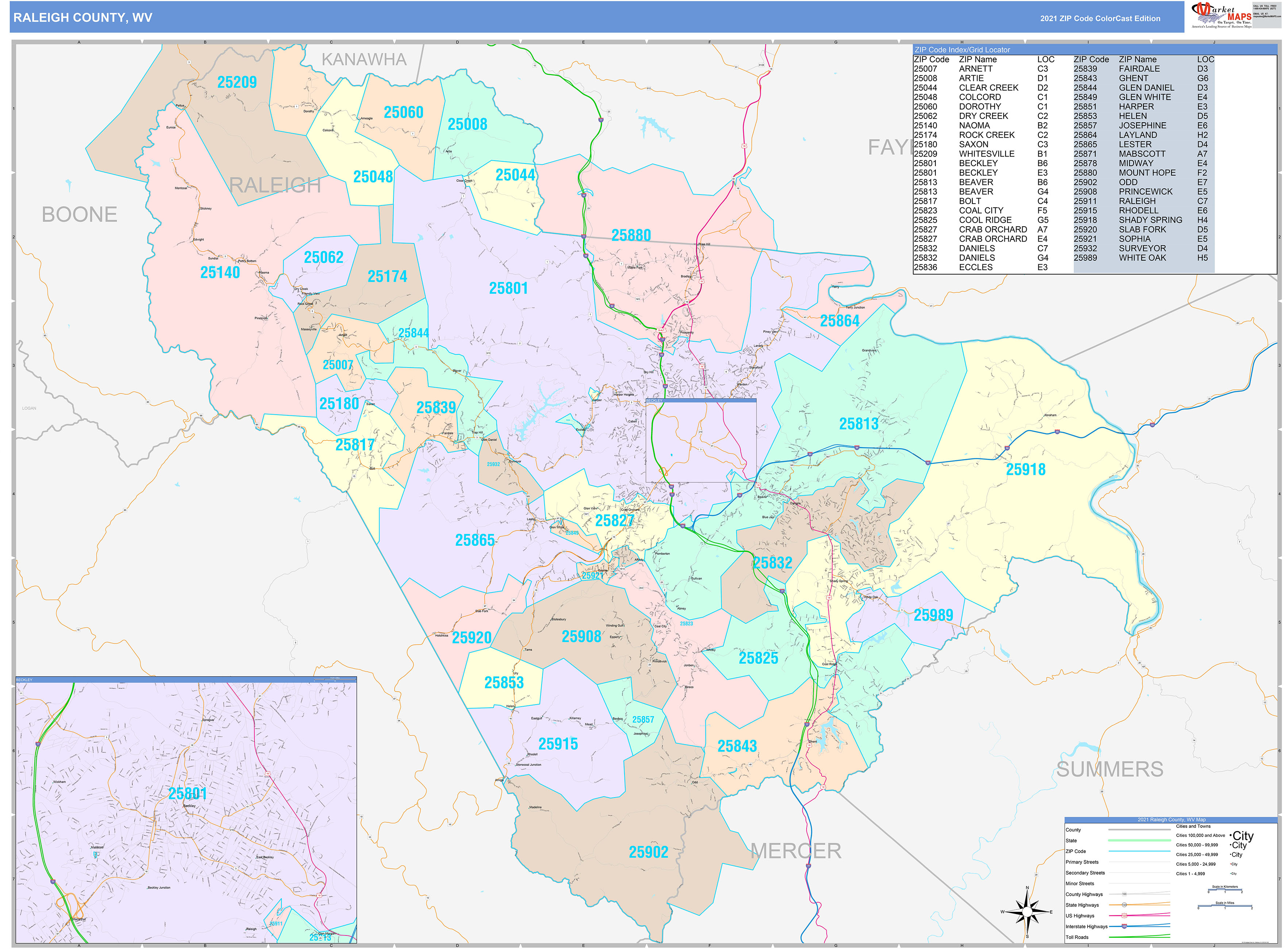 Raleigh County, WV Wall Map Color Cast Style by MarketMAPS