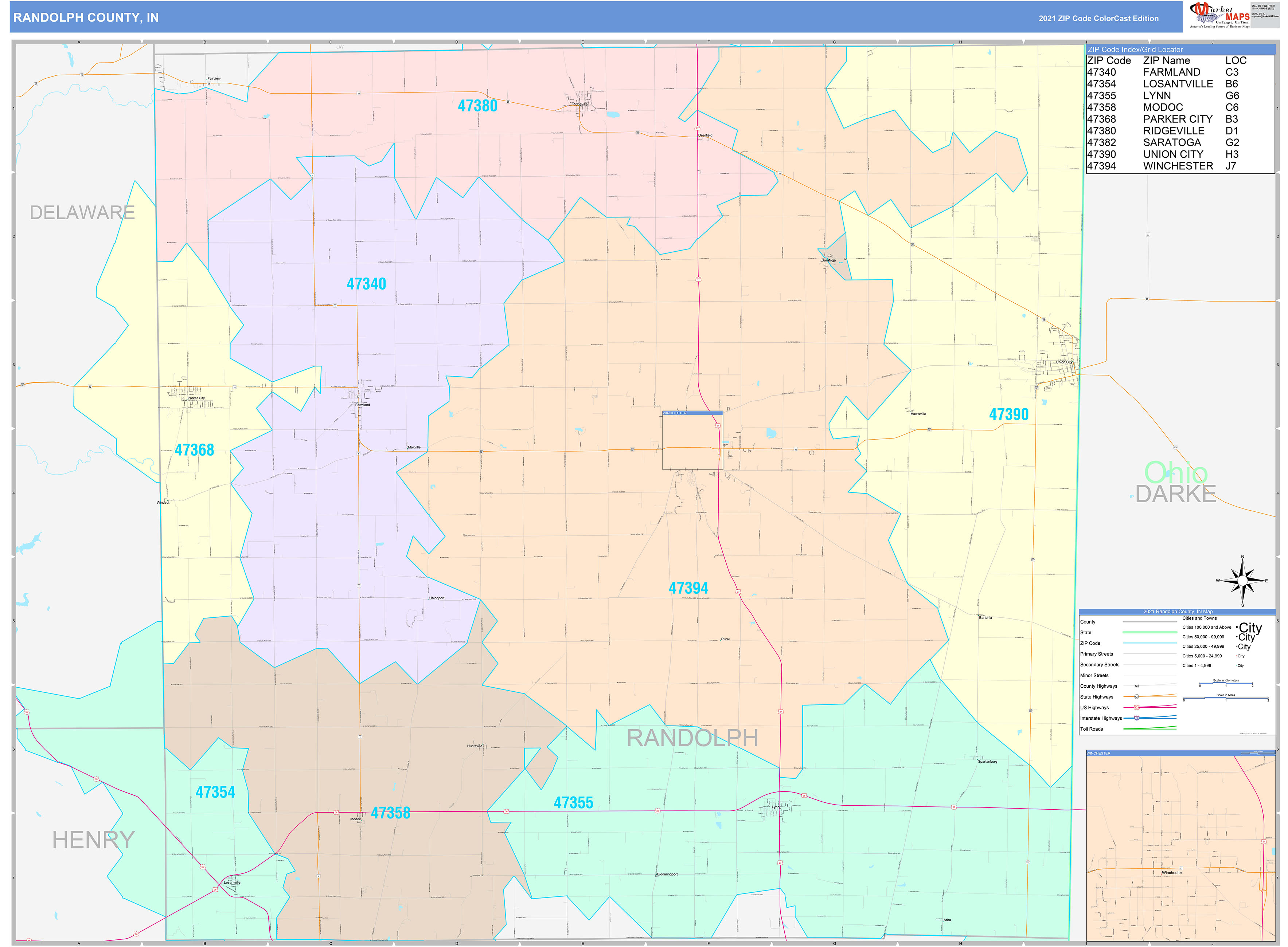 Randolph County, IN Wall Map Color Cast Style by MarketMAPS
