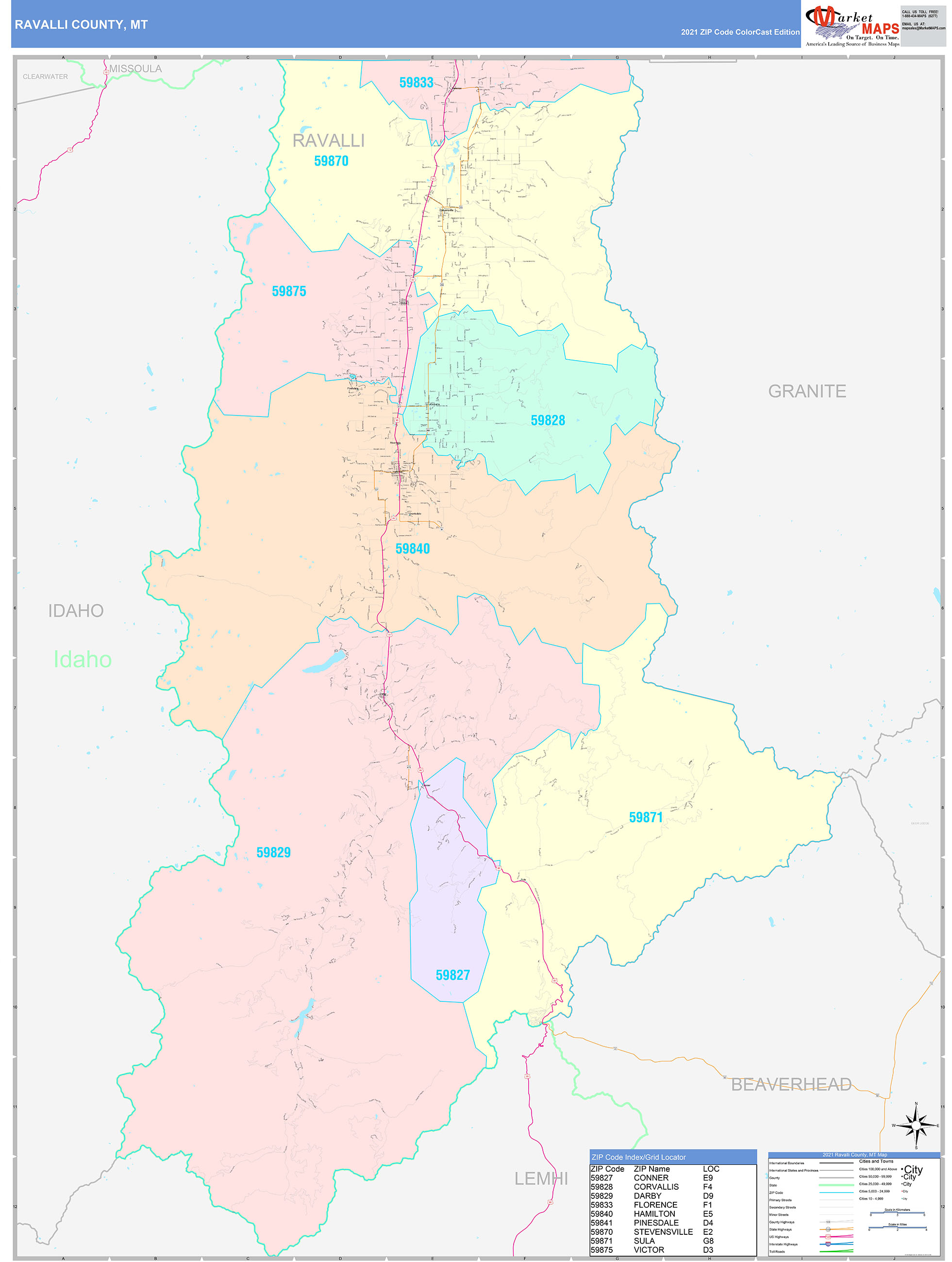 Ravalli County, MT Wall Map Color Cast Style by MarketMAPS