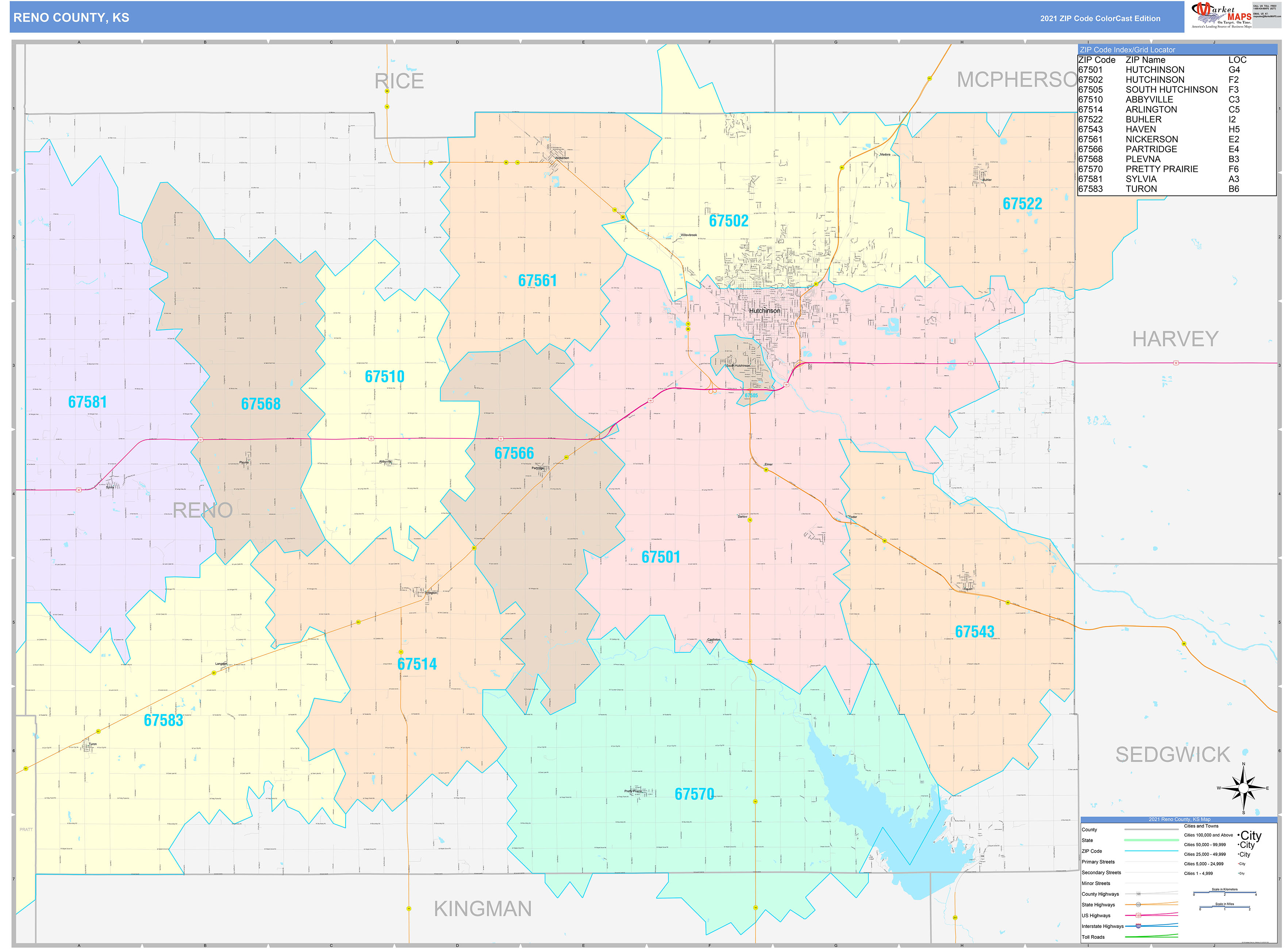 Reno County, KS Wall Map Color Cast Style by MarketMAPS