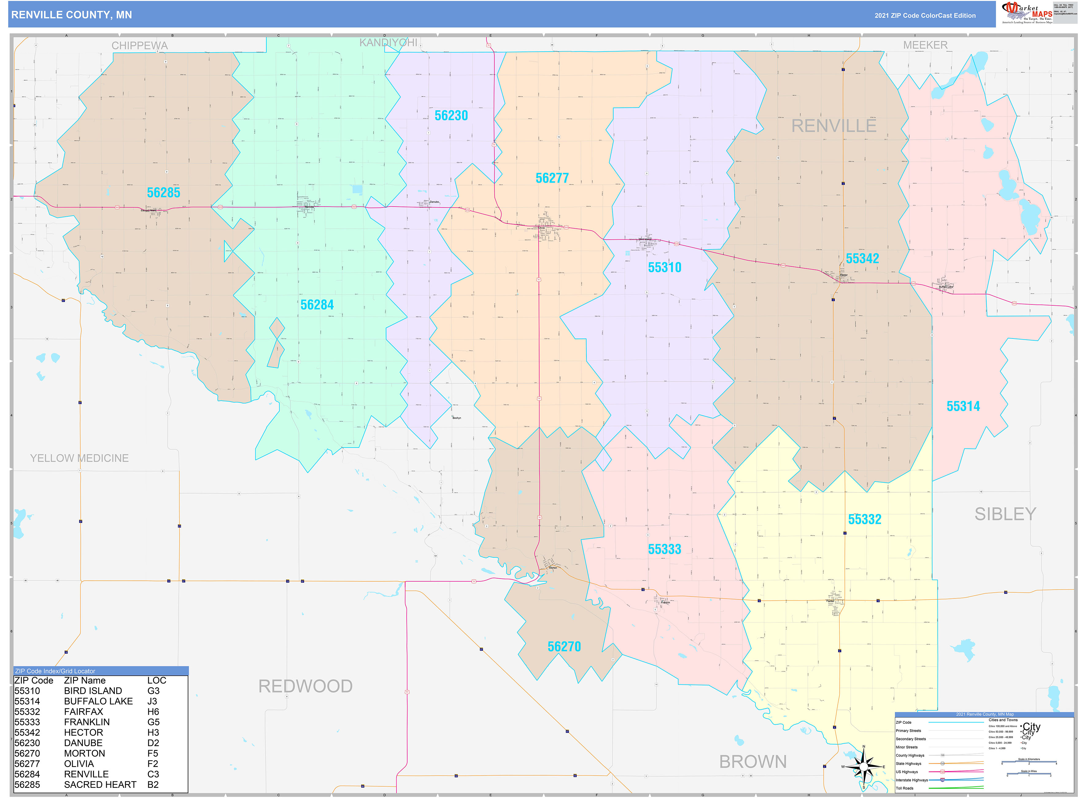Renville County, MN Wall Map Color Cast Style by MarketMAPS