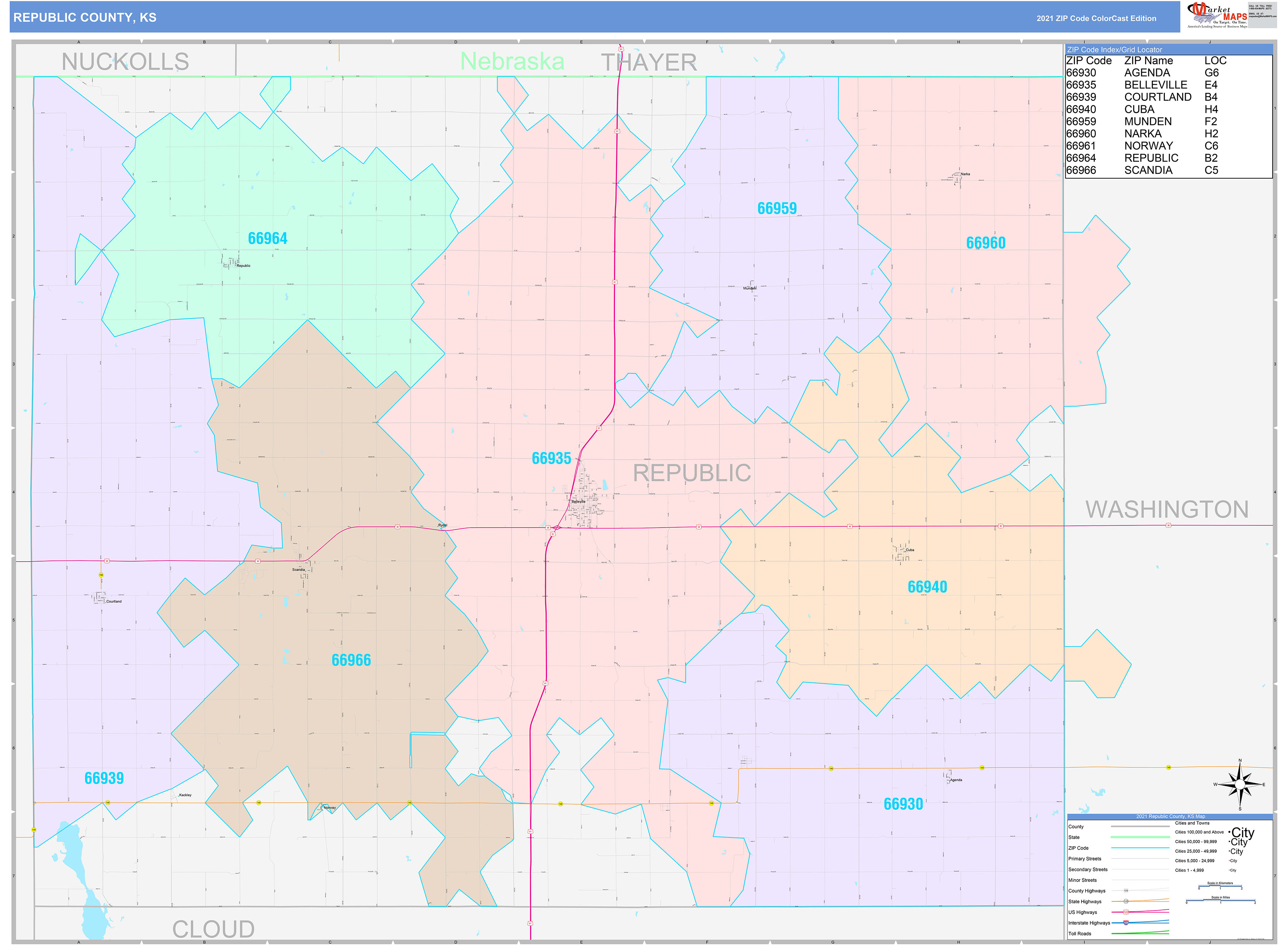 Republic County, KS Wall Map Color Cast Style by MarketMAPS
