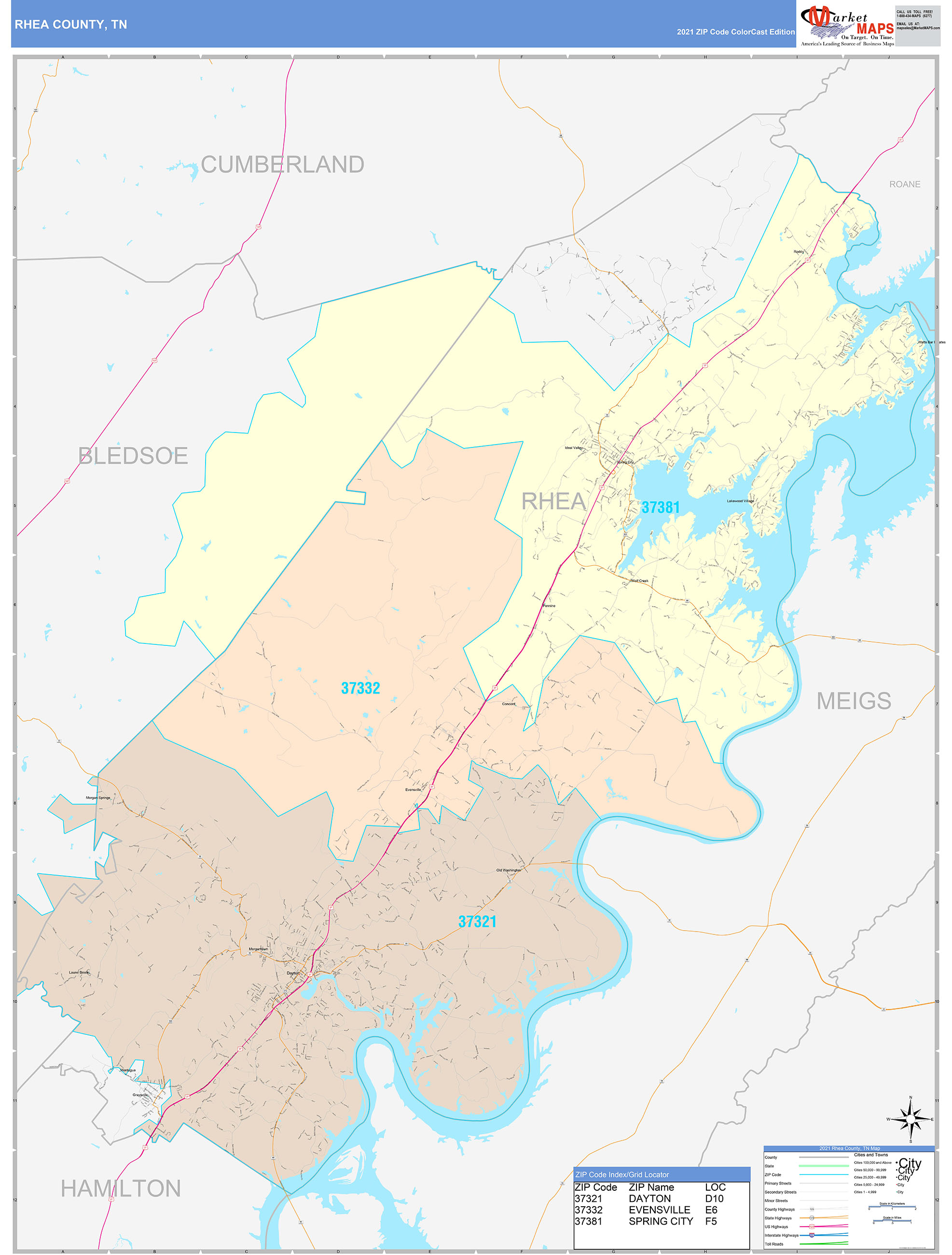Rhea County, TN Wall Map Color Cast Style by MarketMAPS