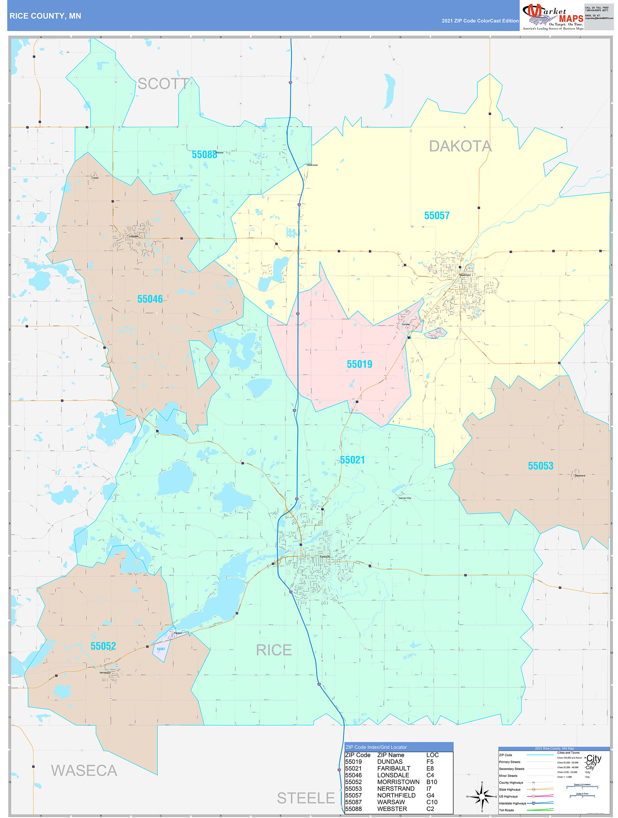 Rice County, MN Wall Map Color Cast Style by MarketMAPS