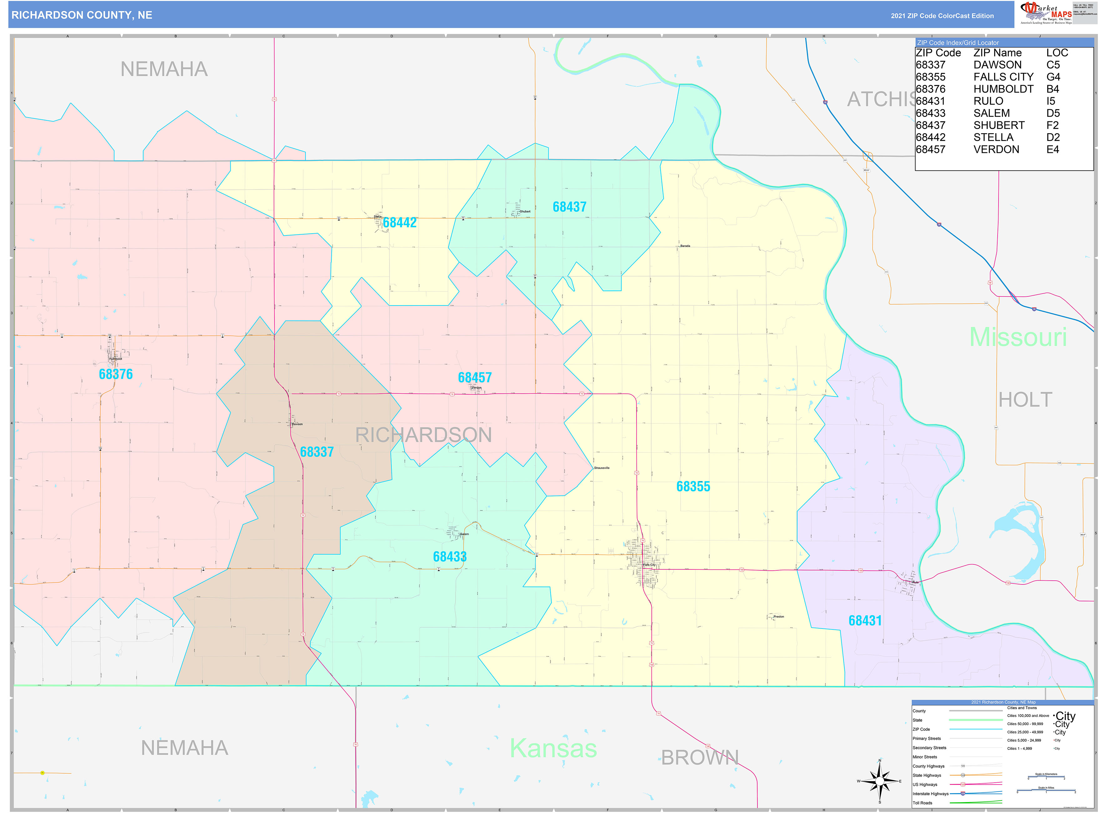 Richardson County Nebraska Mugshot Zone Richardson County, NE Wall Map Color Cast Style by MarketMAPS