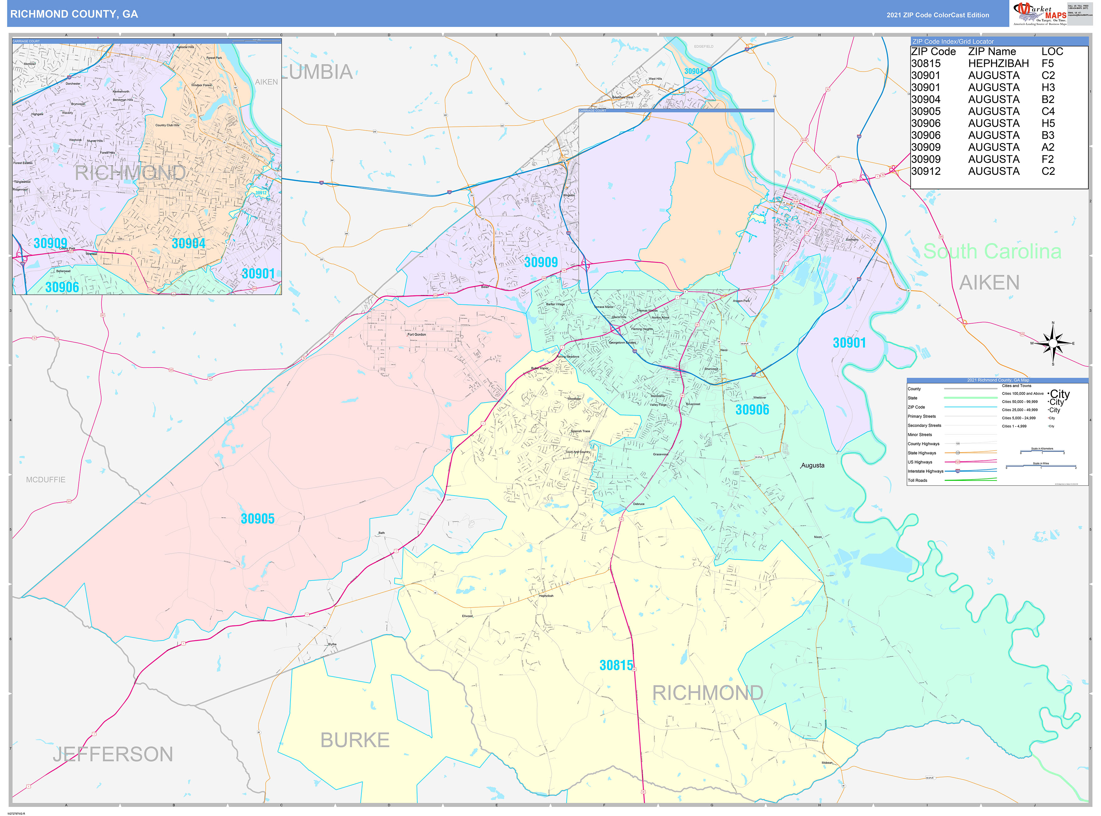 Richmond County, GA Wall Map Color Cast Style by MarketMAPS MapSales