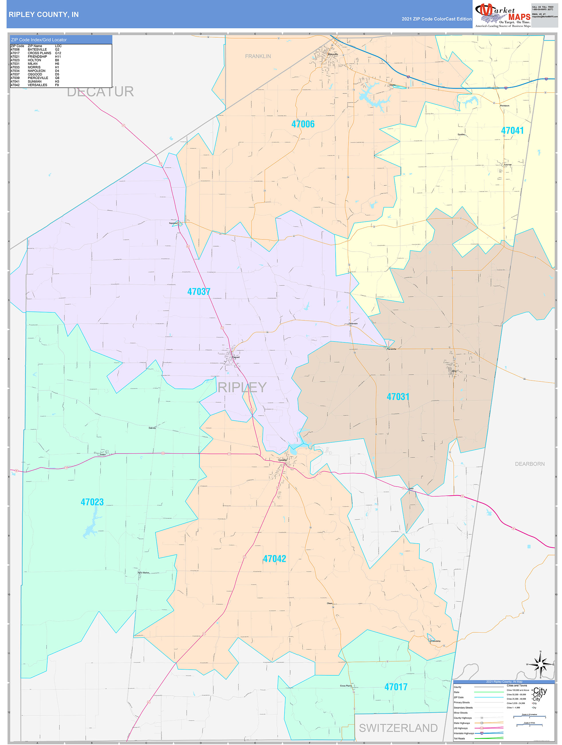 Ripley County, IN Wall Map Color Cast Style by MarketMAPS