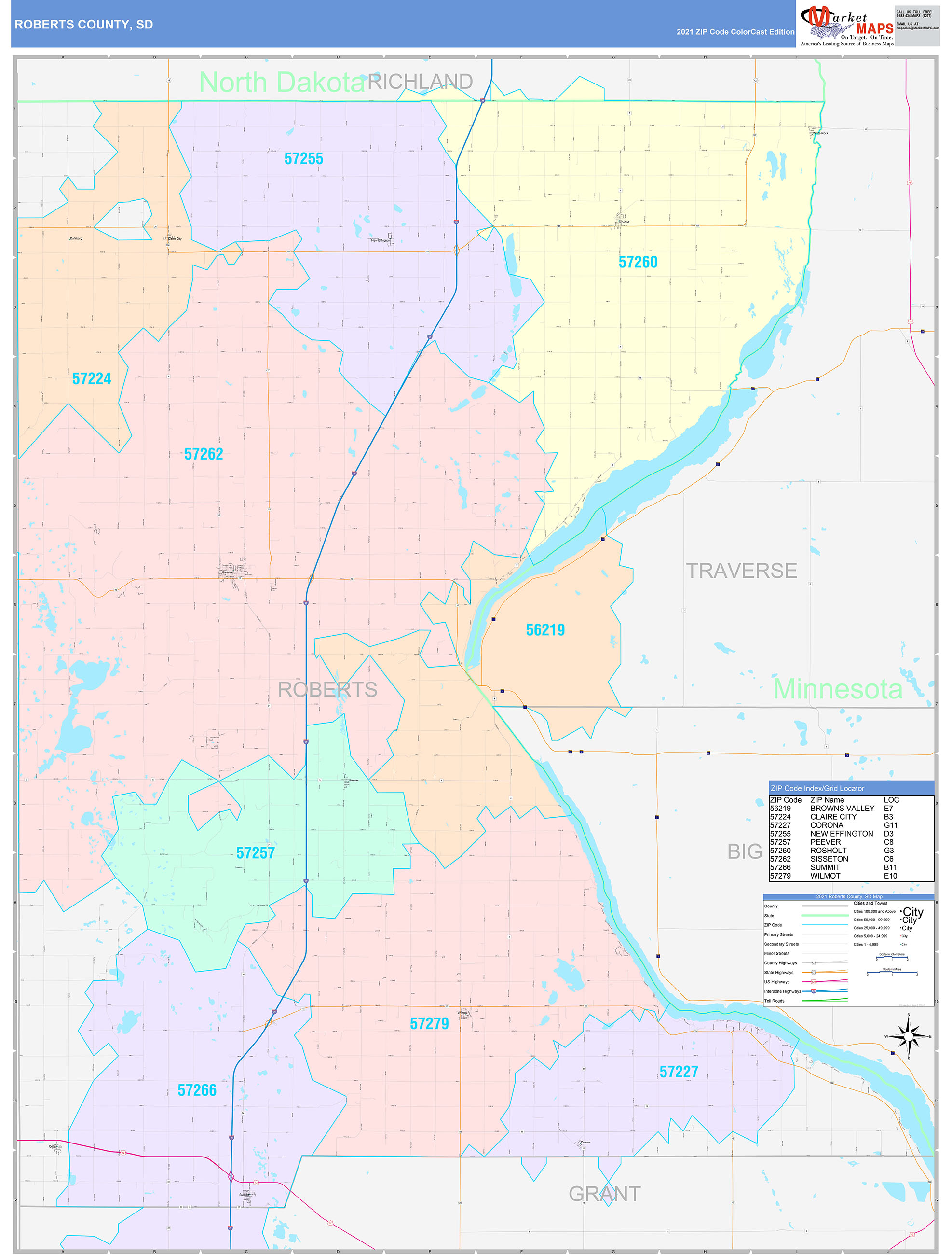 Roberts County, SD Wall Map Color Cast Style by MarketMAPS