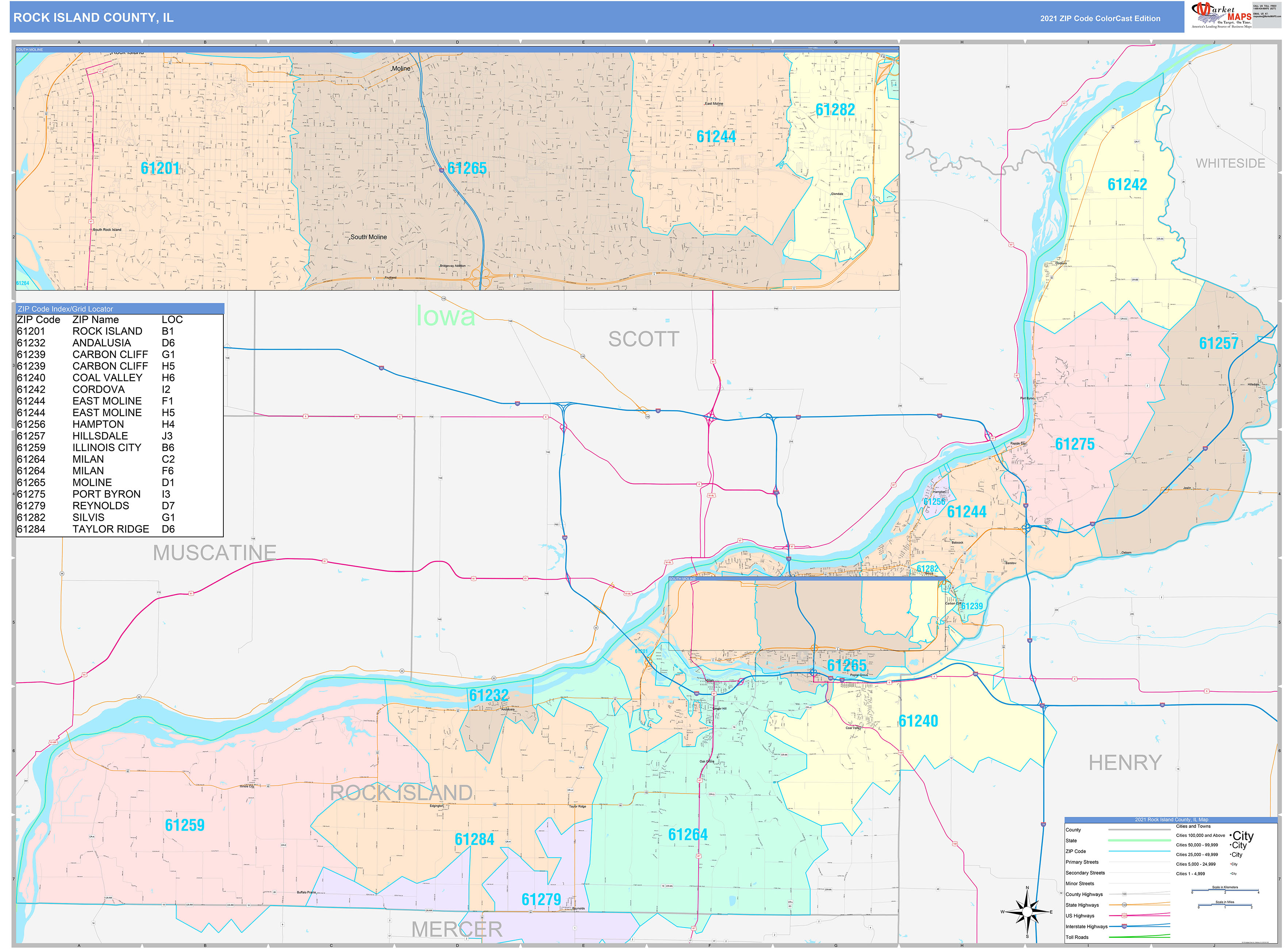 Rock Island County, IL Wall Map Color Cast Style by MarketMAPS