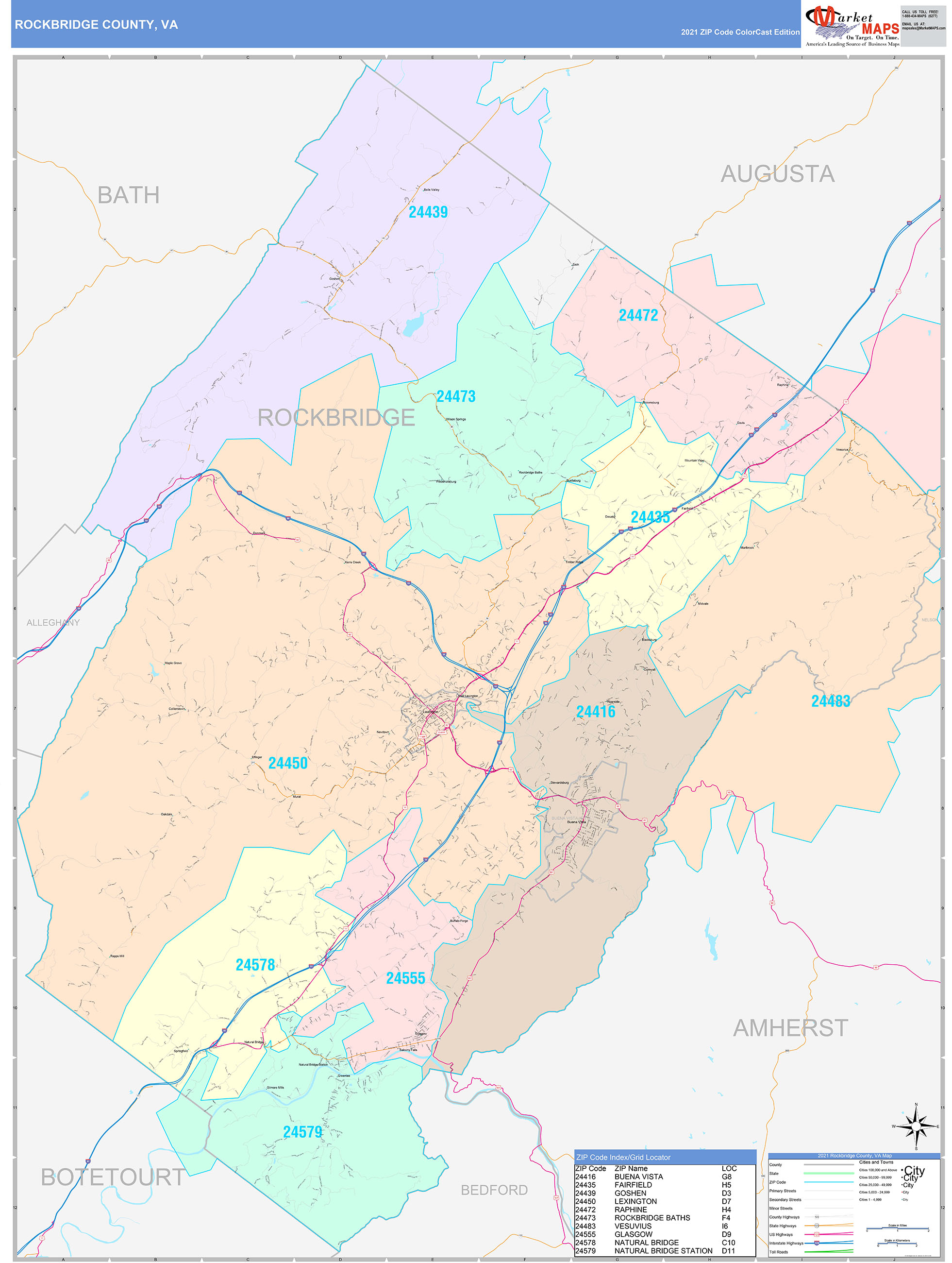 Rockbridge County, VA Wall Map Color Cast Style by MarketMAPS MapSales