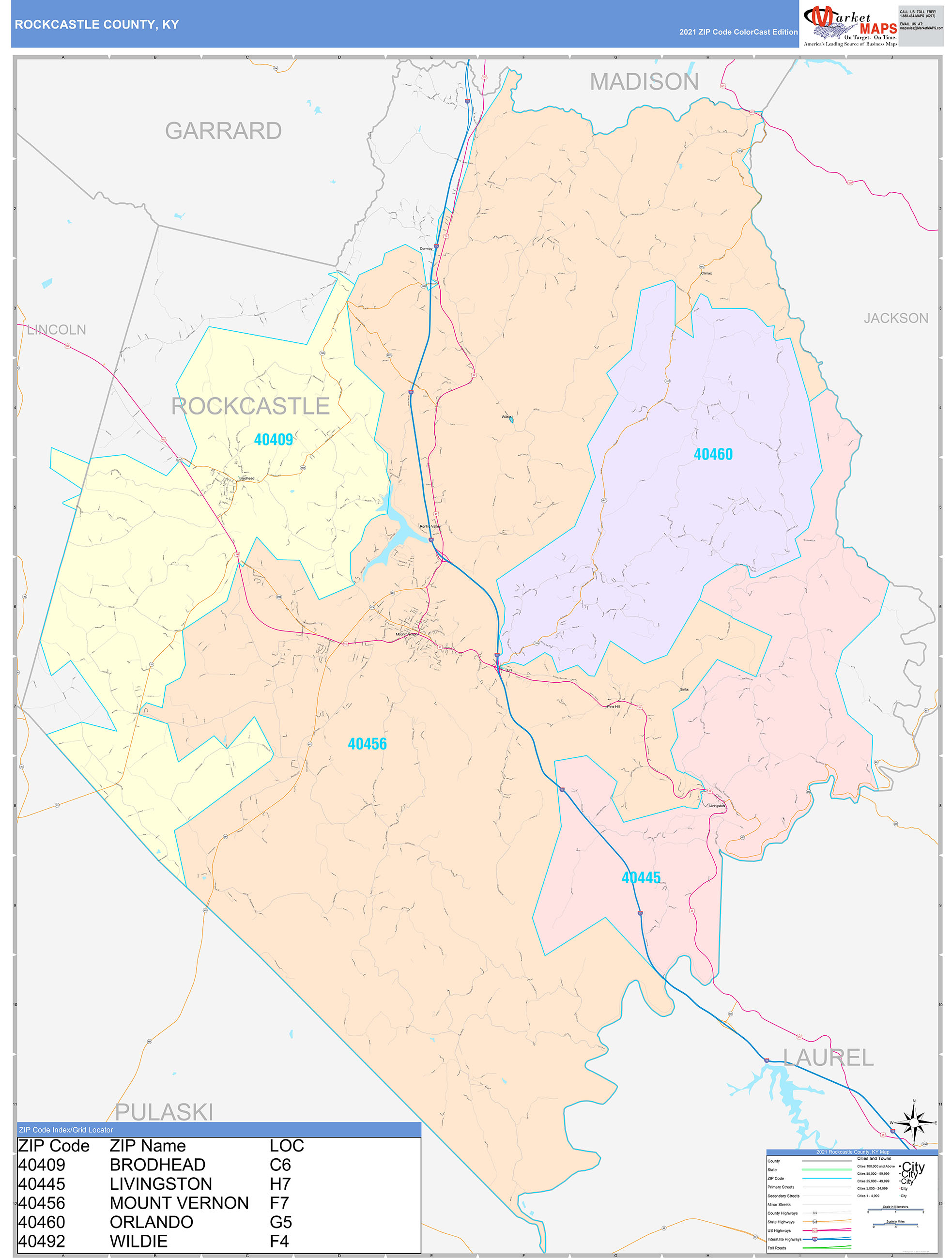 Rockcastle County, KY Wall Map Color Cast Style by MarketMAPS