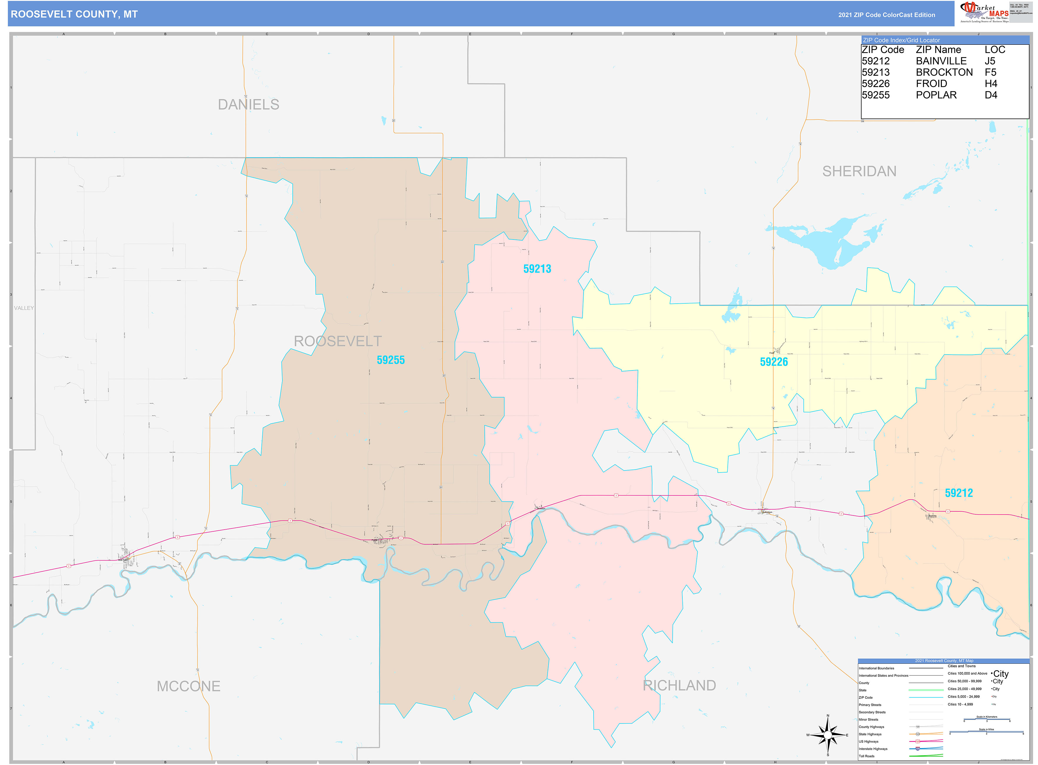 Roosevelt County, MT Wall Map Color Cast Style by MarketMAPS MapSales