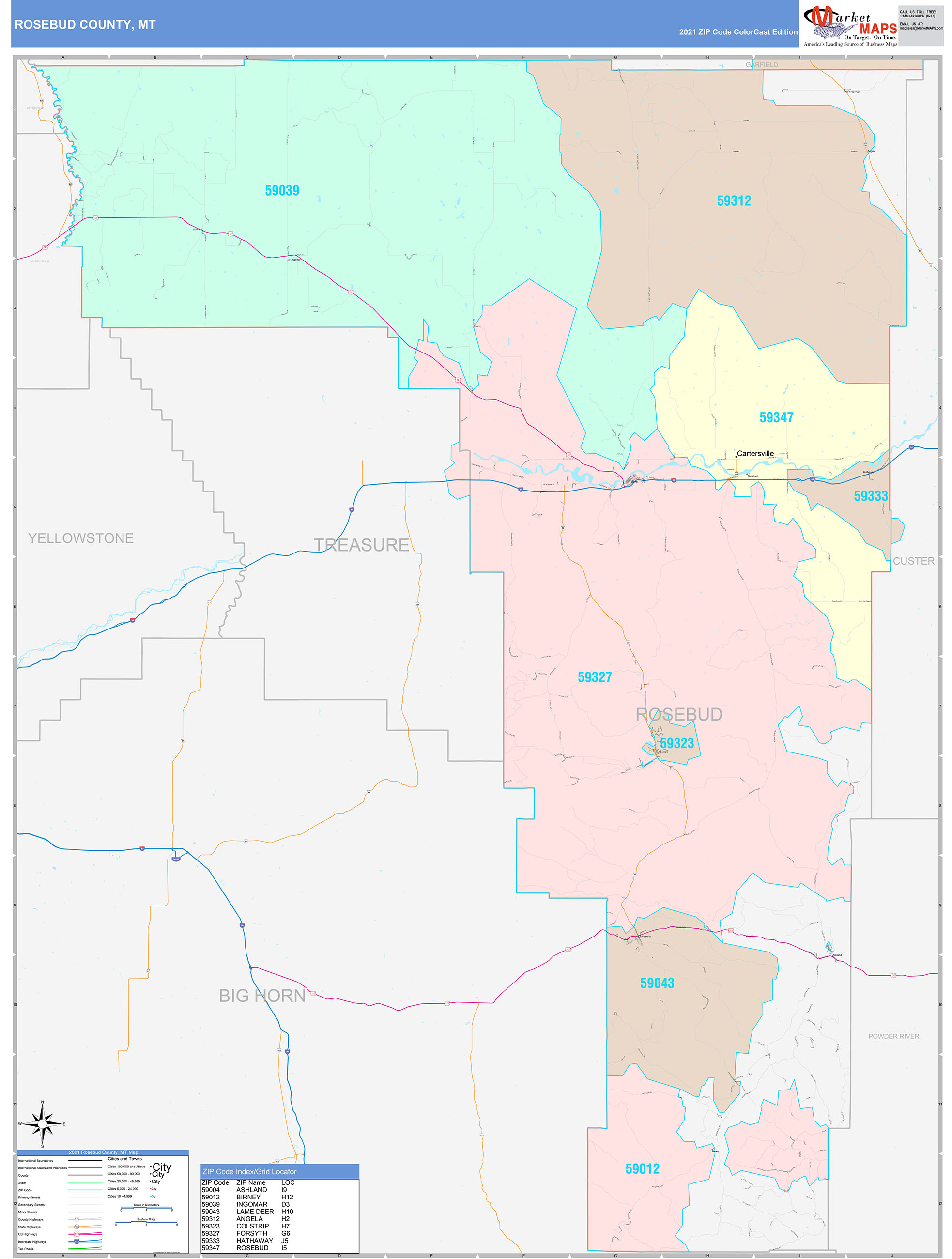 Rosebud County, MT Wall Map Color Cast Style by MarketMAPS MapSales