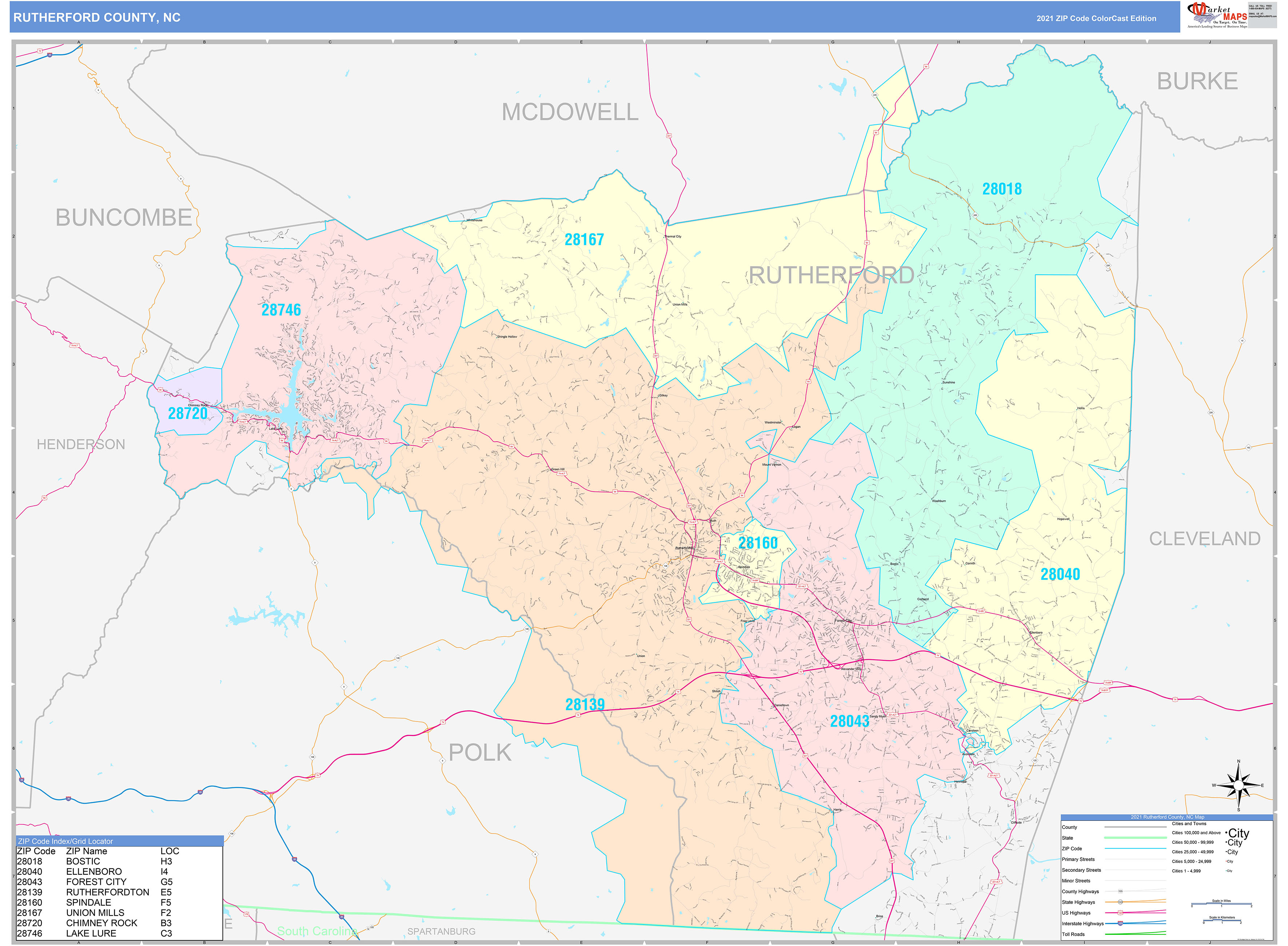 Rutherford County, NC Wall Map Color Cast Style by MarketMAPS - MapSales
