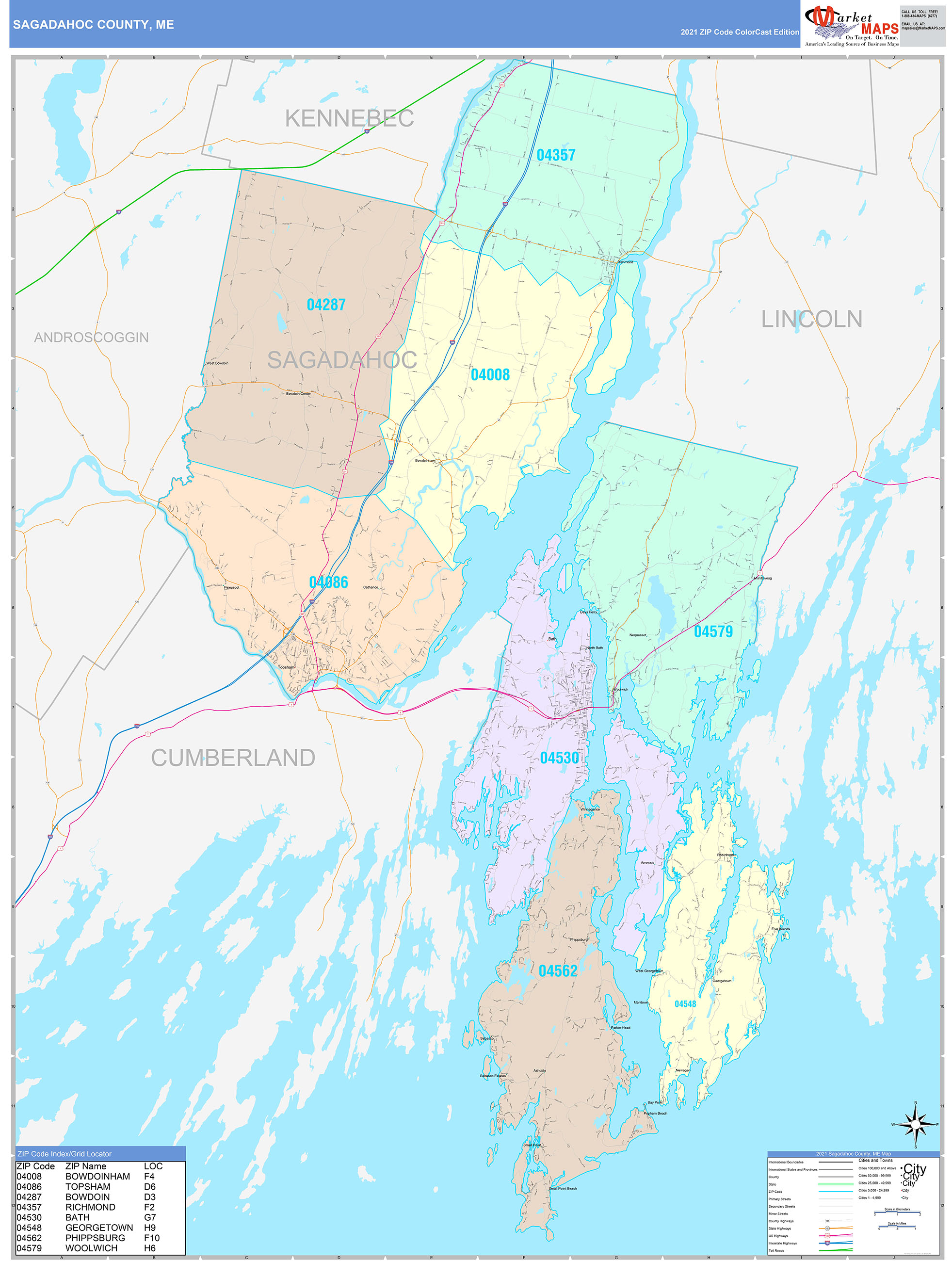 Sagadahoc County, ME Wall Map Color Cast Style by MarketMAPS