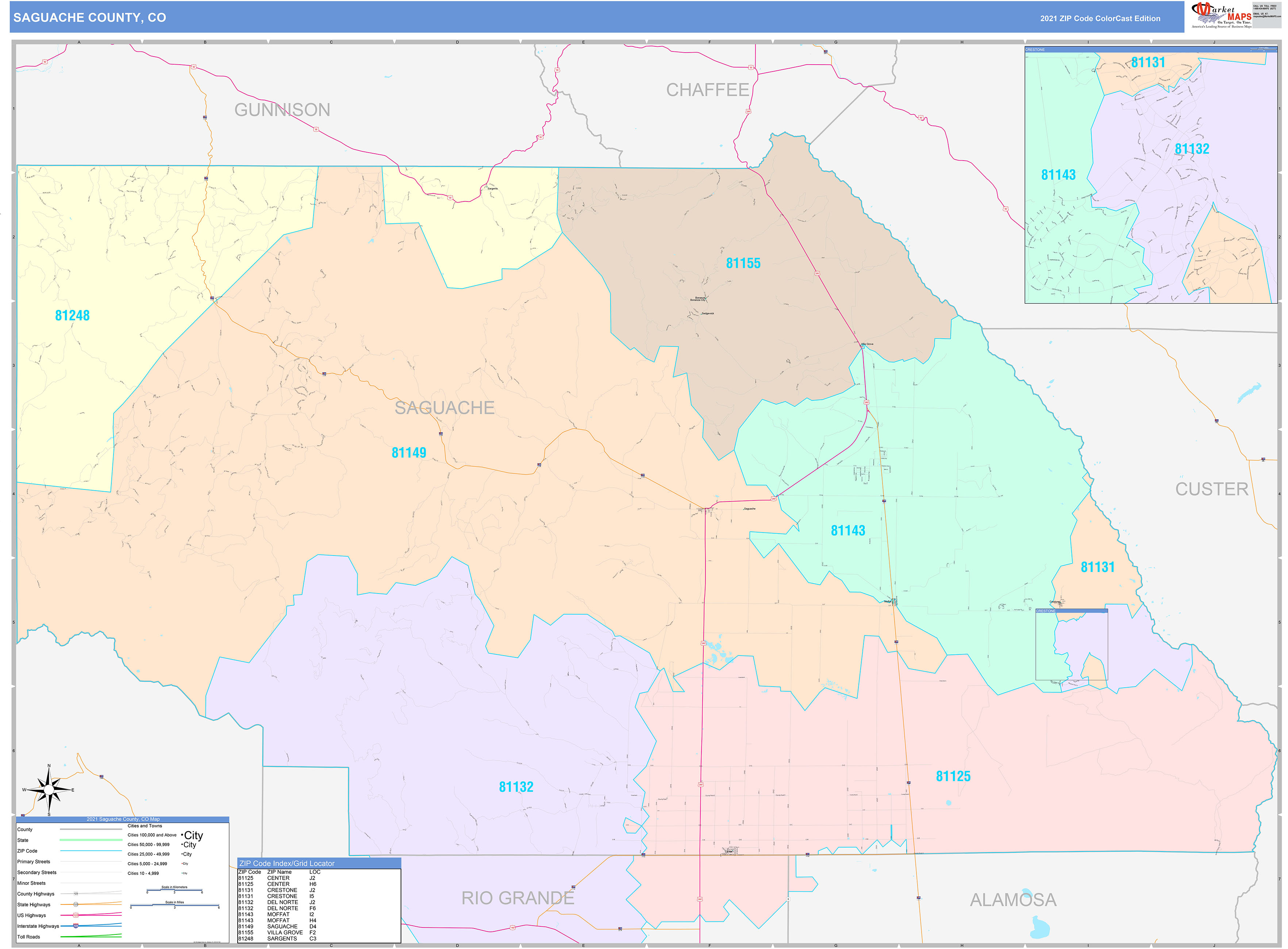 Saguache County, CO Wall Map Color Cast Style by MarketMAPS