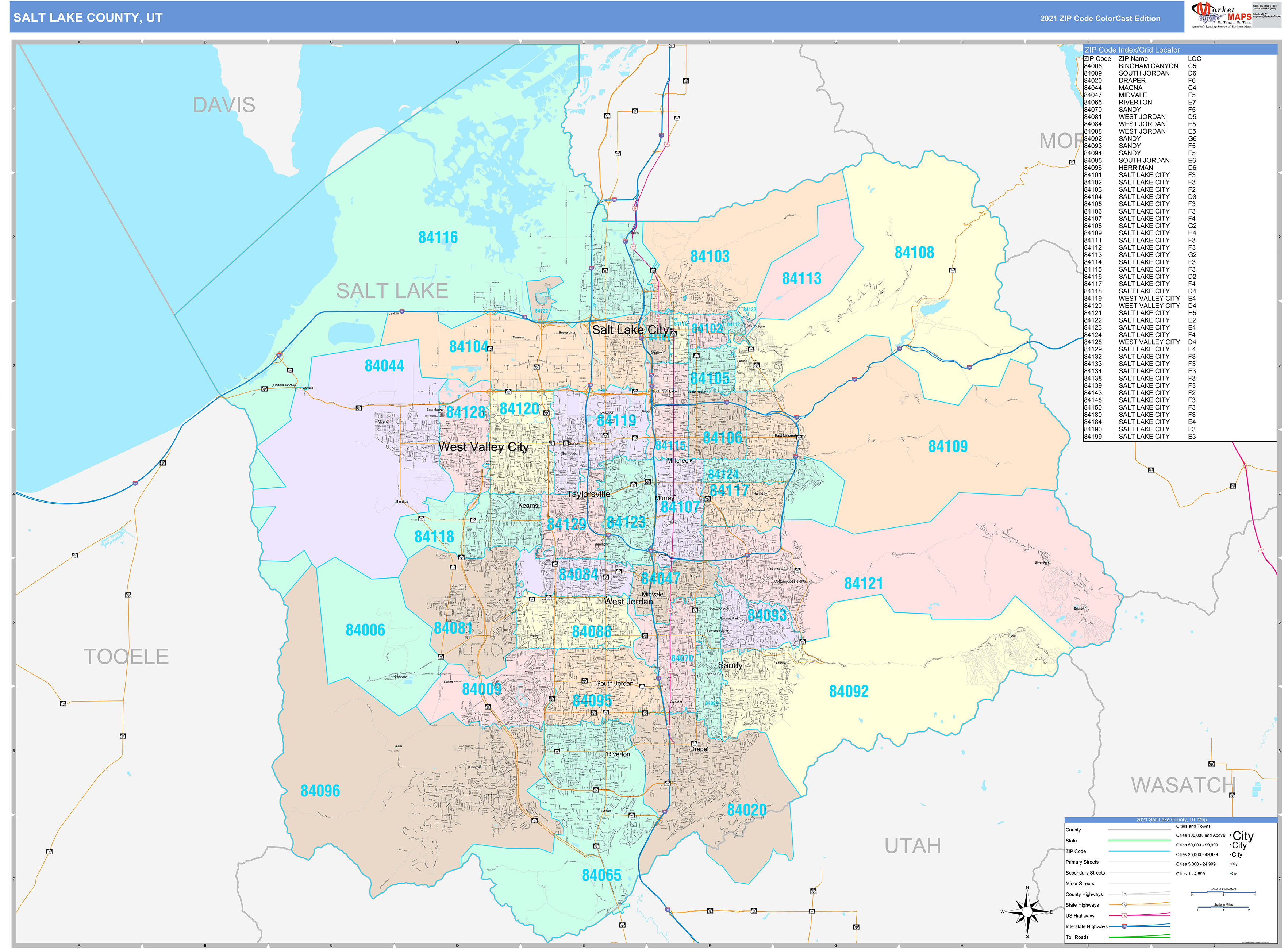 Salt Lake County, UT Wall Map Color Cast Style by MarketMAPS