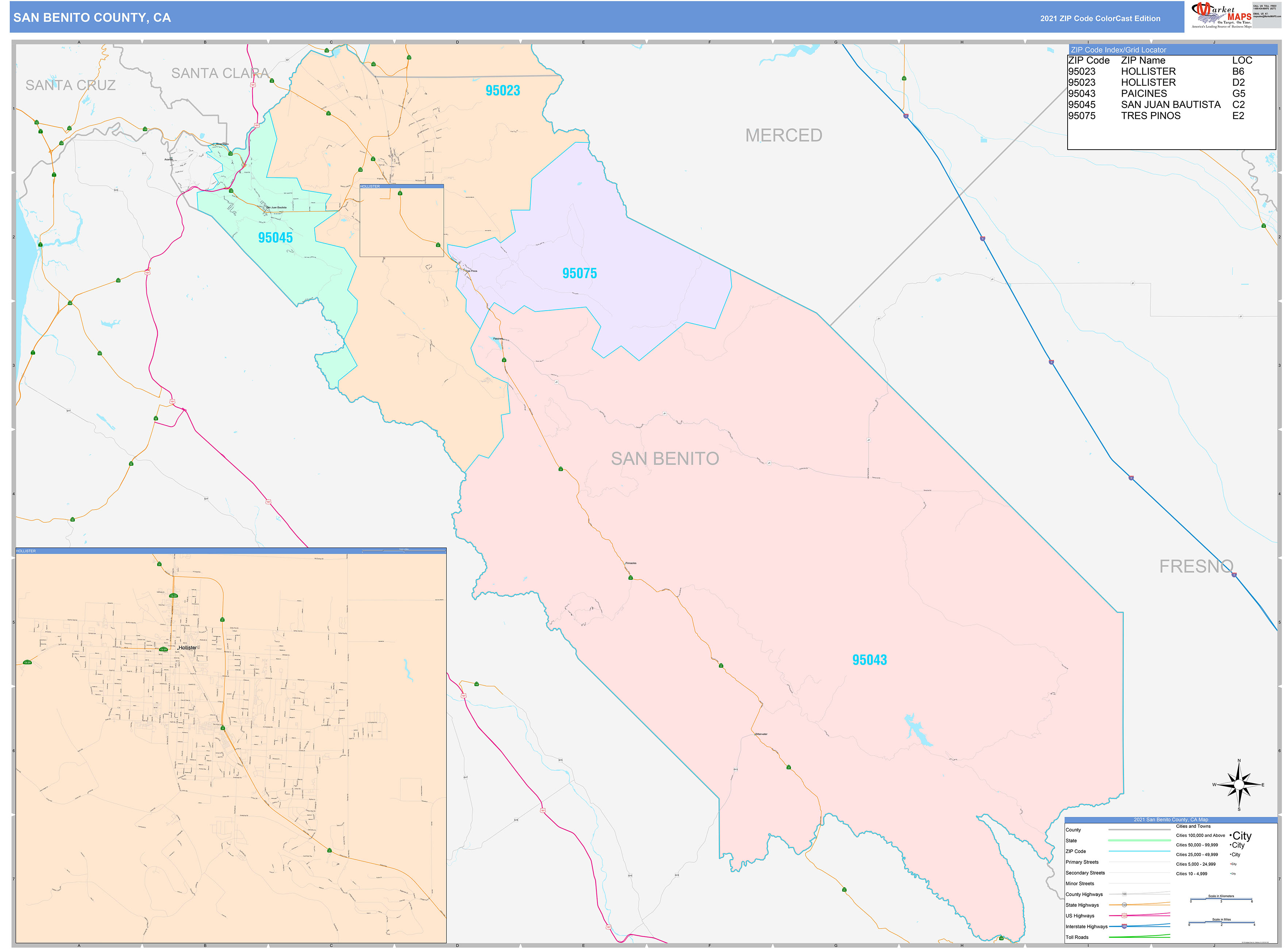 San Benito County, CA Wall Map Color Cast Style by MarketMAPS