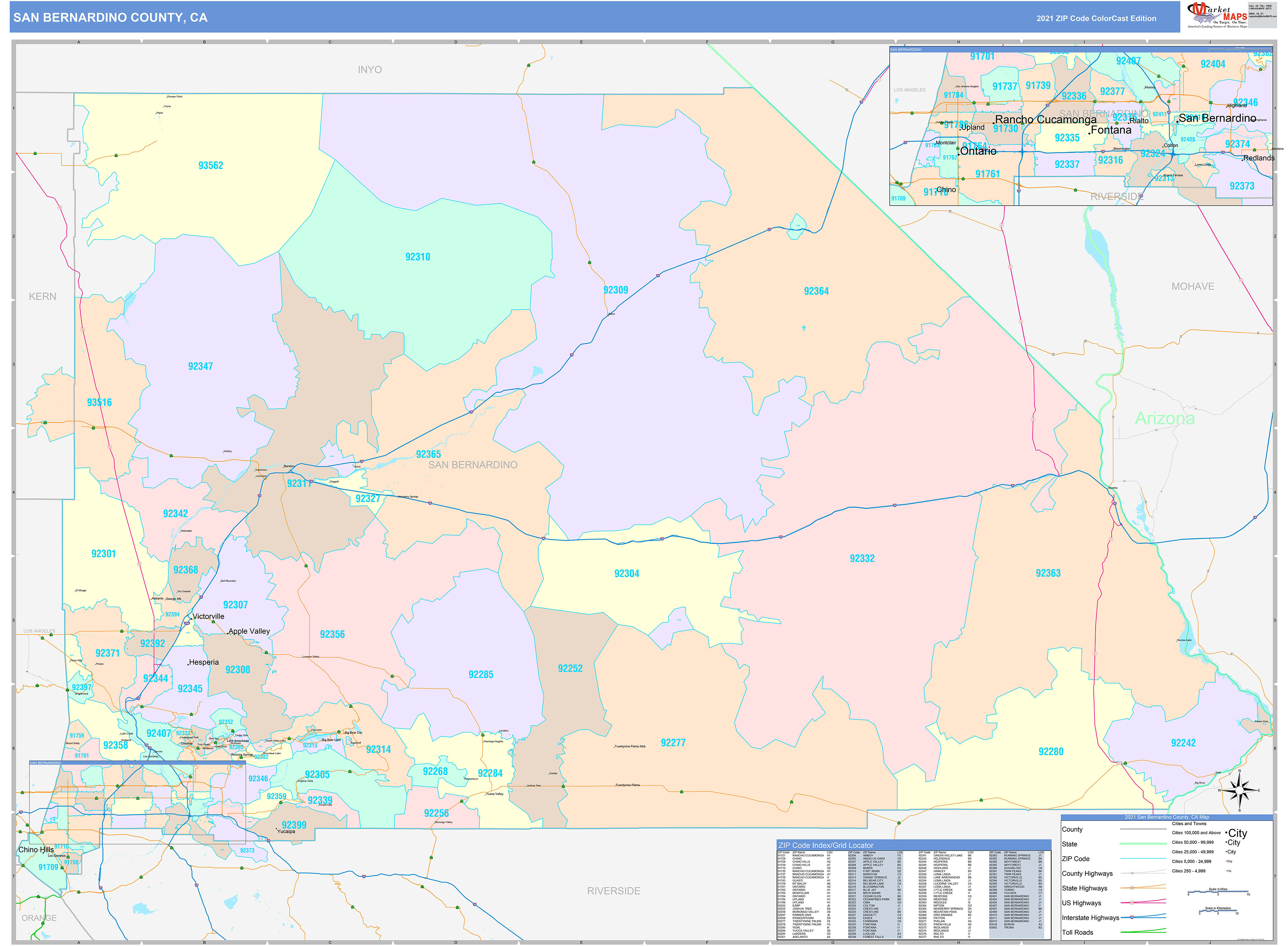 San Bernardino County, CA Wall Map Color Cast Style by MarketMAPS