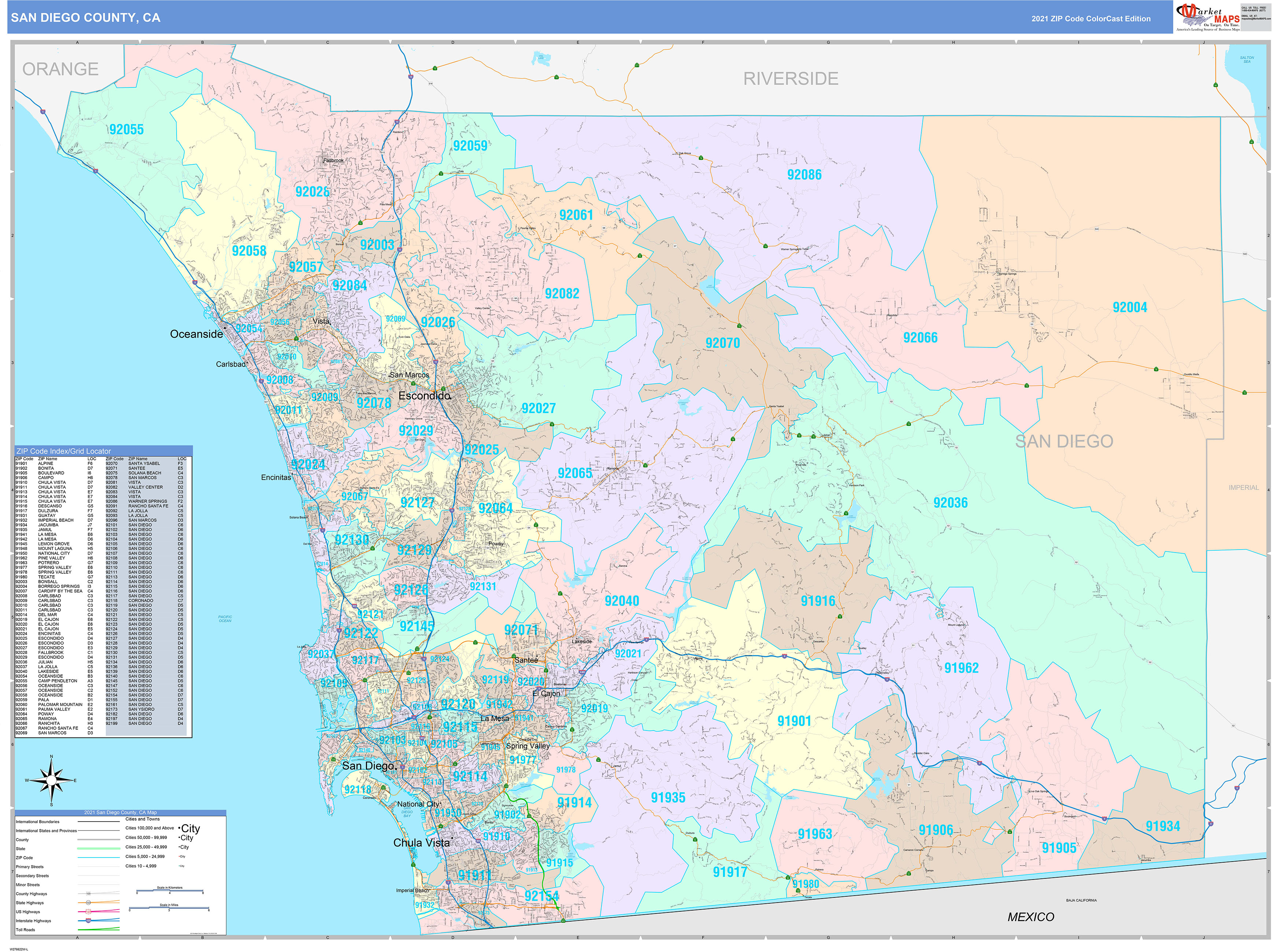 San Diego County, CA Wall Map Color Cast Style by MarketMAPS