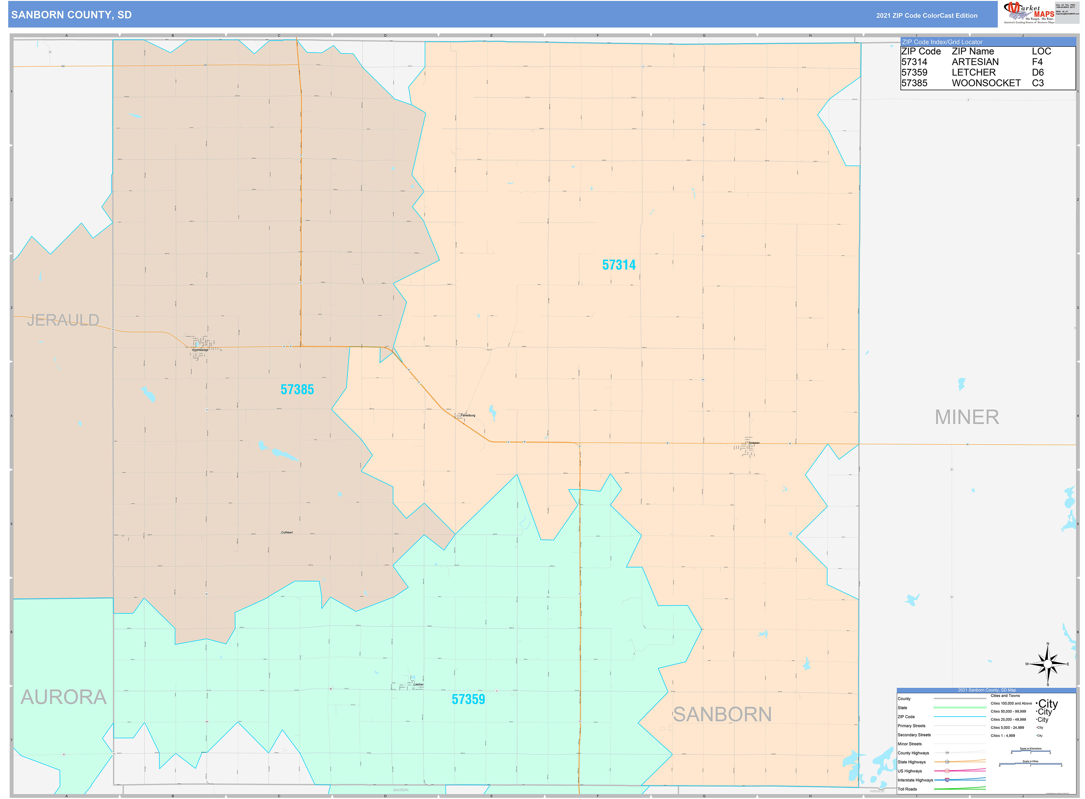 Sanborn County, SD Wall Map Color Cast Style by MarketMAPS MapSales