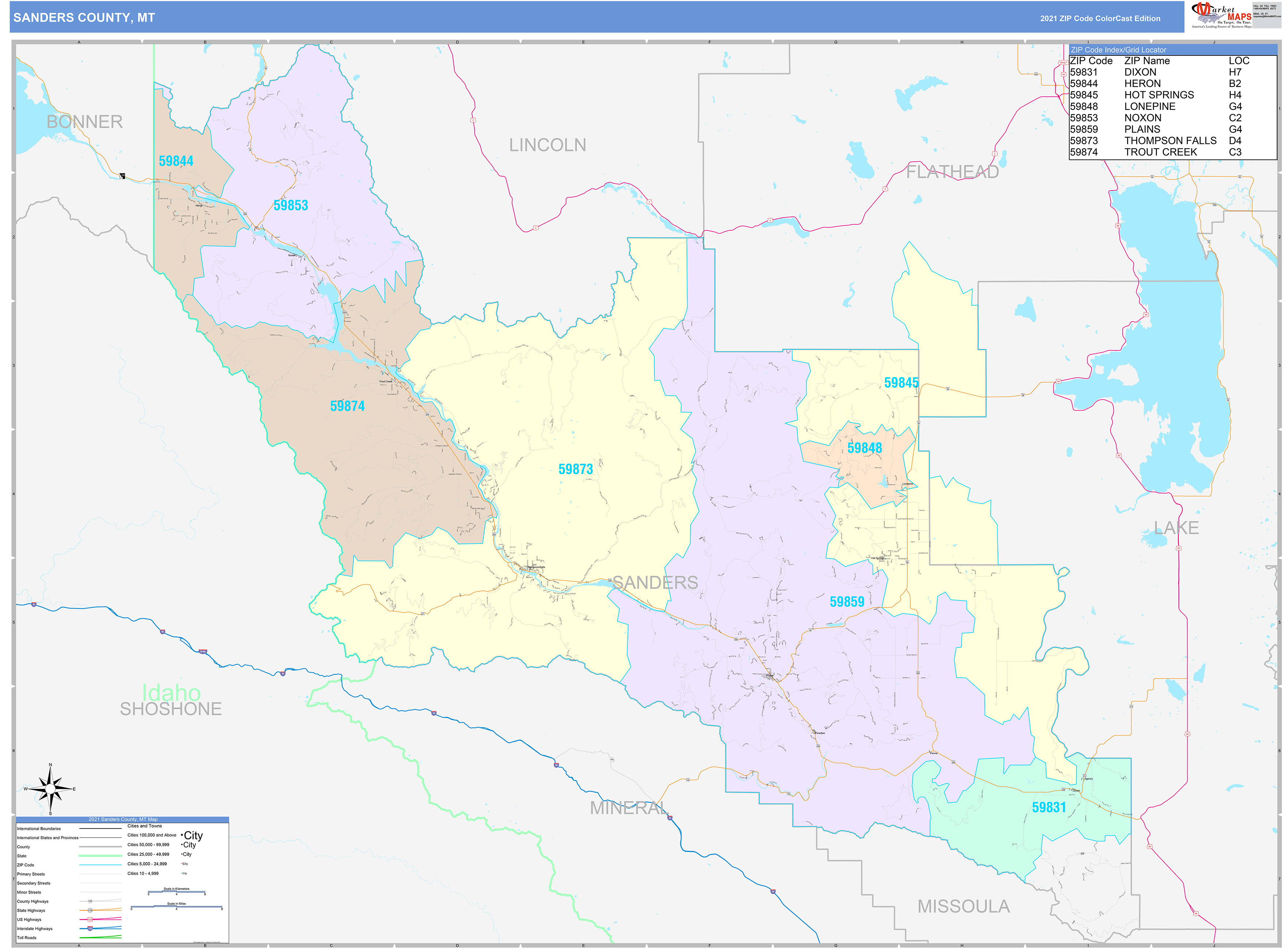 Sanders County, MT Wall Map Color Cast Style by MarketMAPS