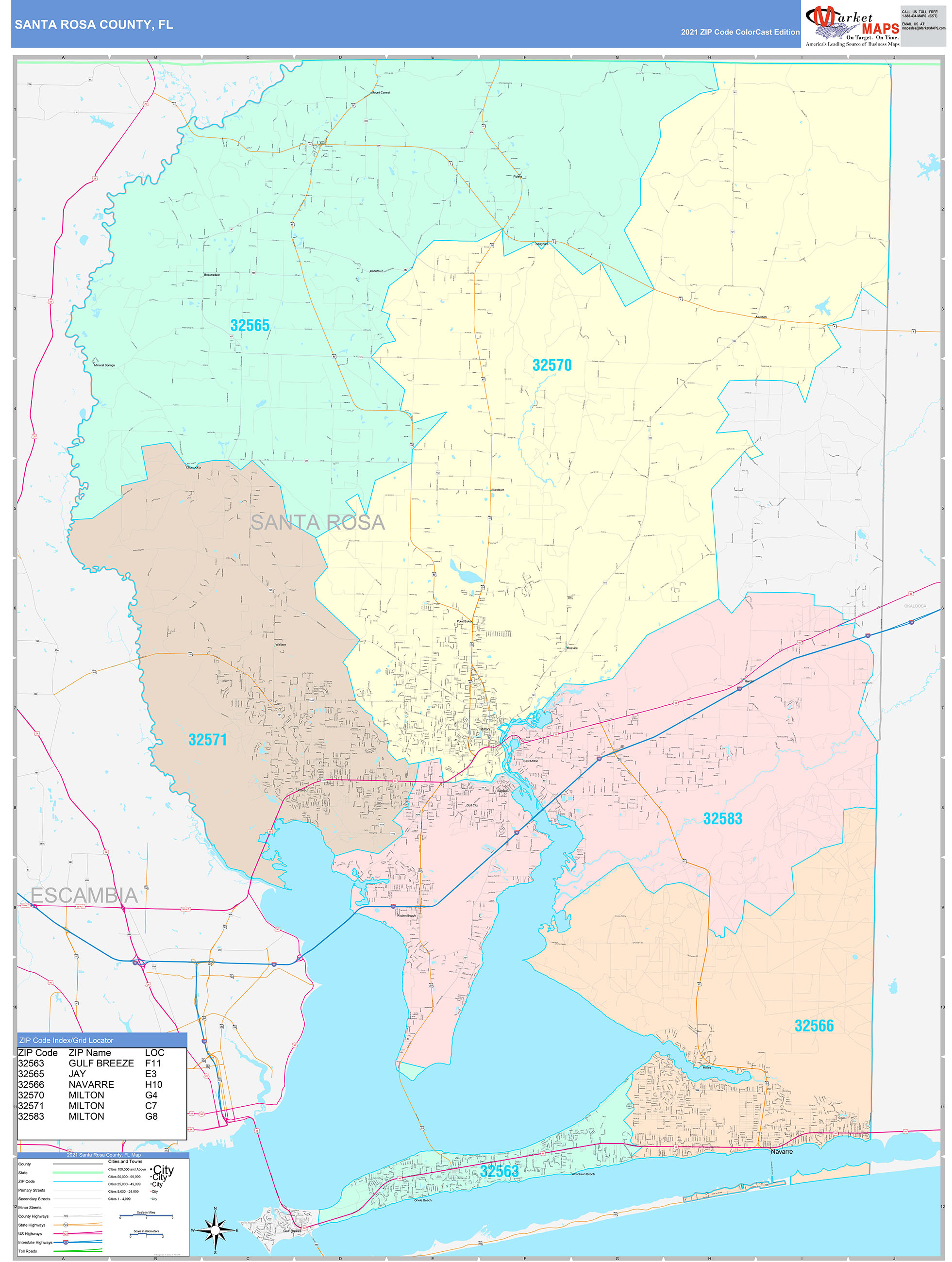 Santa Rosa County, FL Wall Map Color Cast Style by MarketMAPS - MapSales