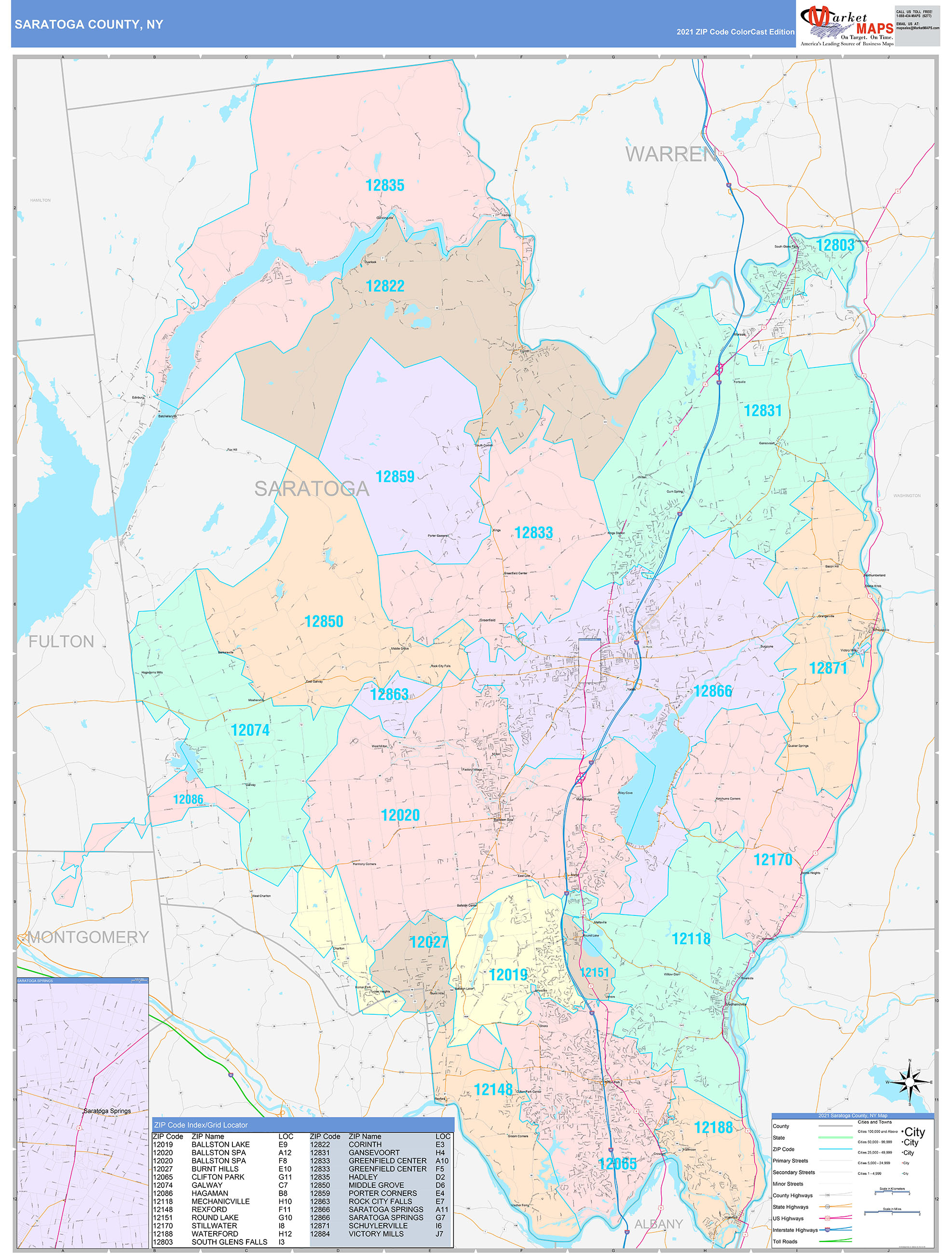 Saratoga County, NY Wall Map Color Cast Style by MarketMAPS MapSales
