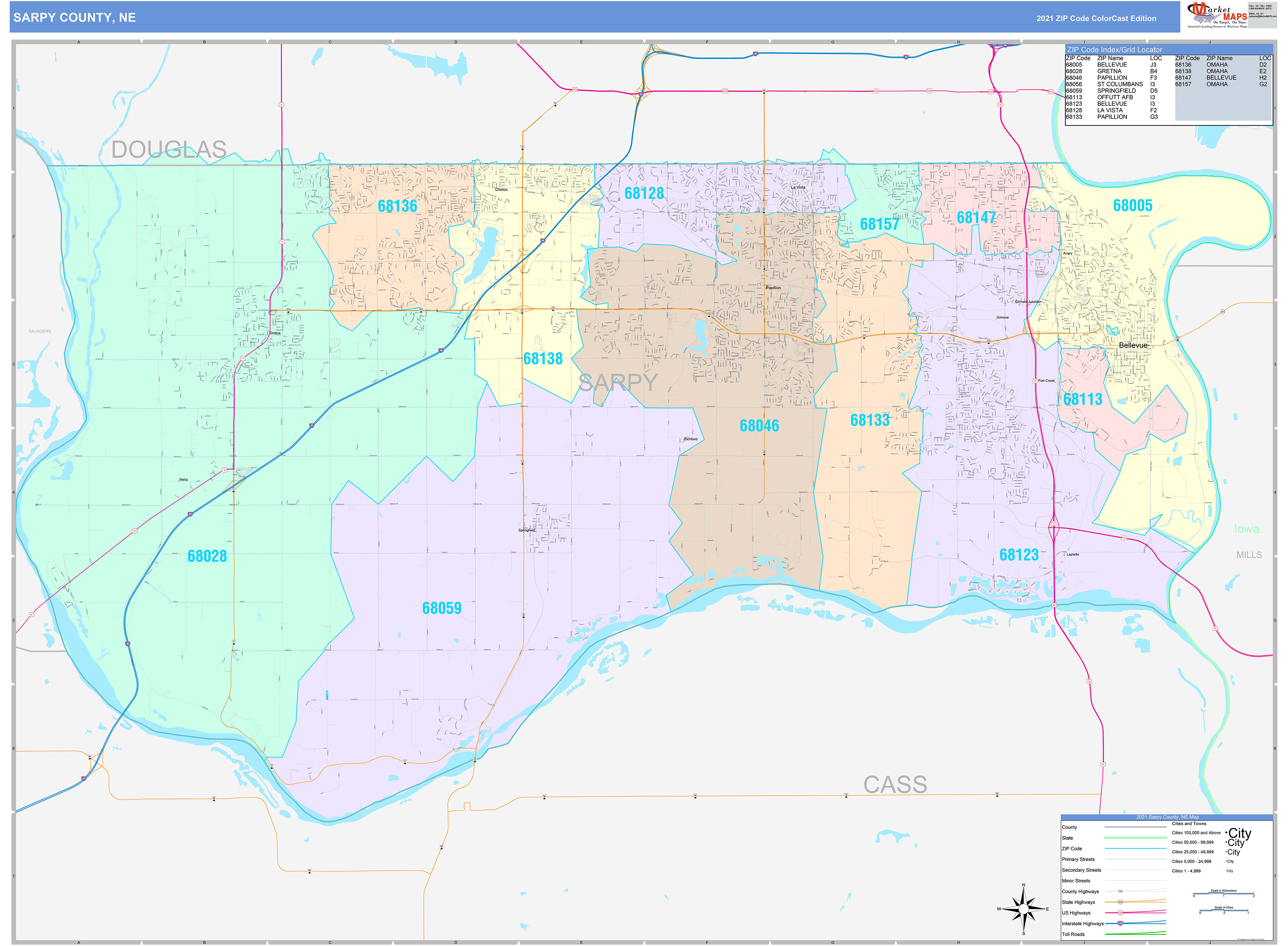 Sarpy County, NE Wall Map Color Cast Style by MarketMAPS - MapSales