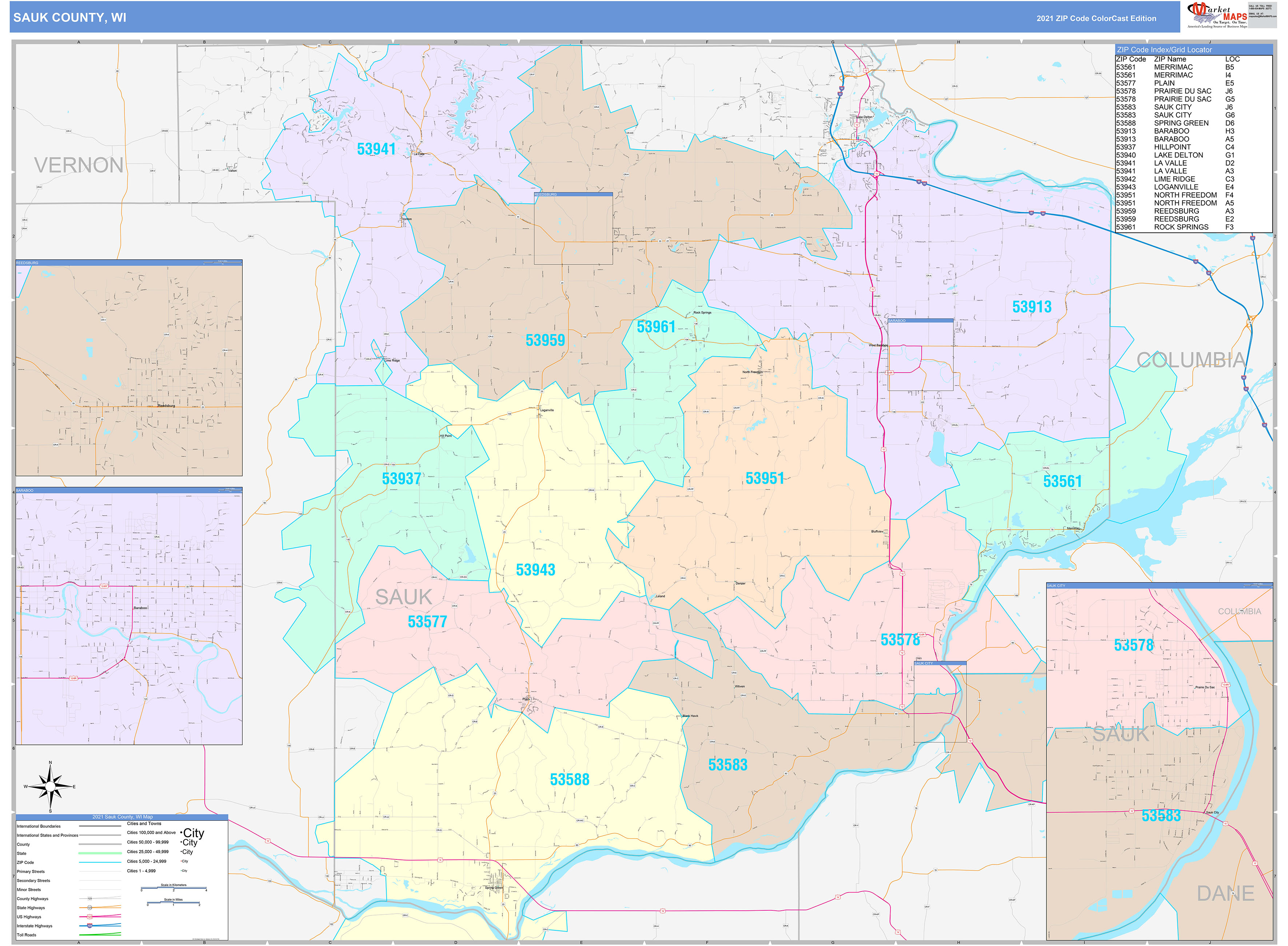 Sauk County, WI Wall Map Color Cast Style by MarketMAPS
